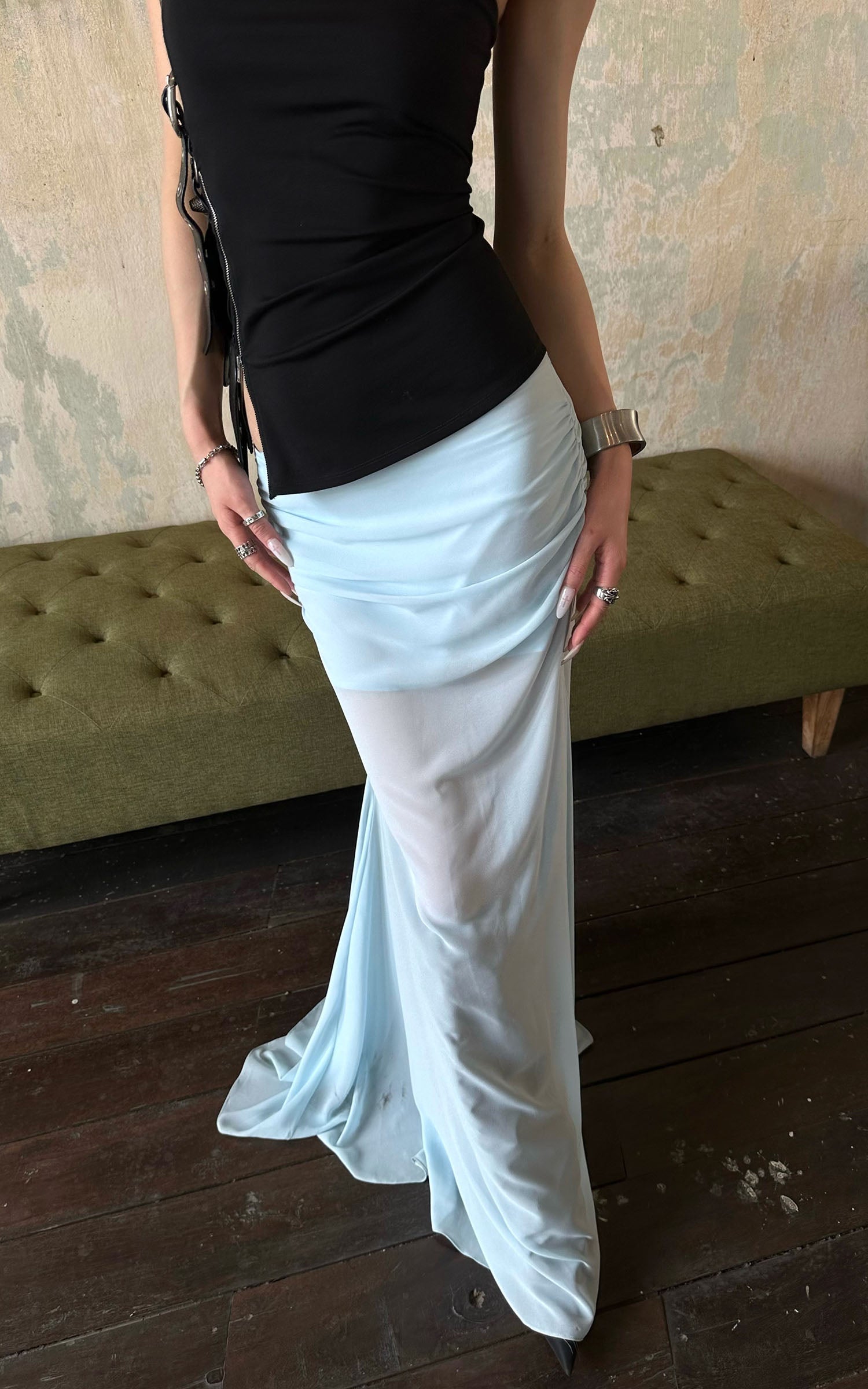 0122stepll ローライズドレープボディコンマキシスカート