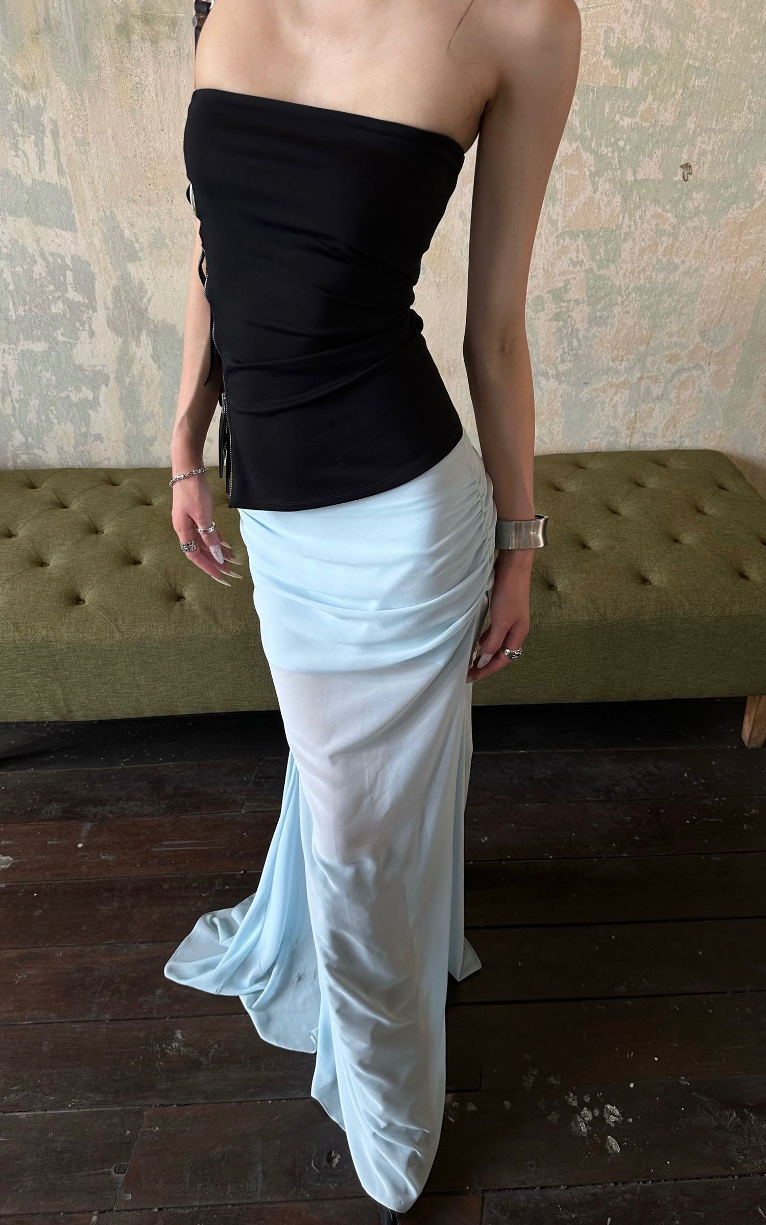 0122stepll ローライズドレープボディコンマキシスカート