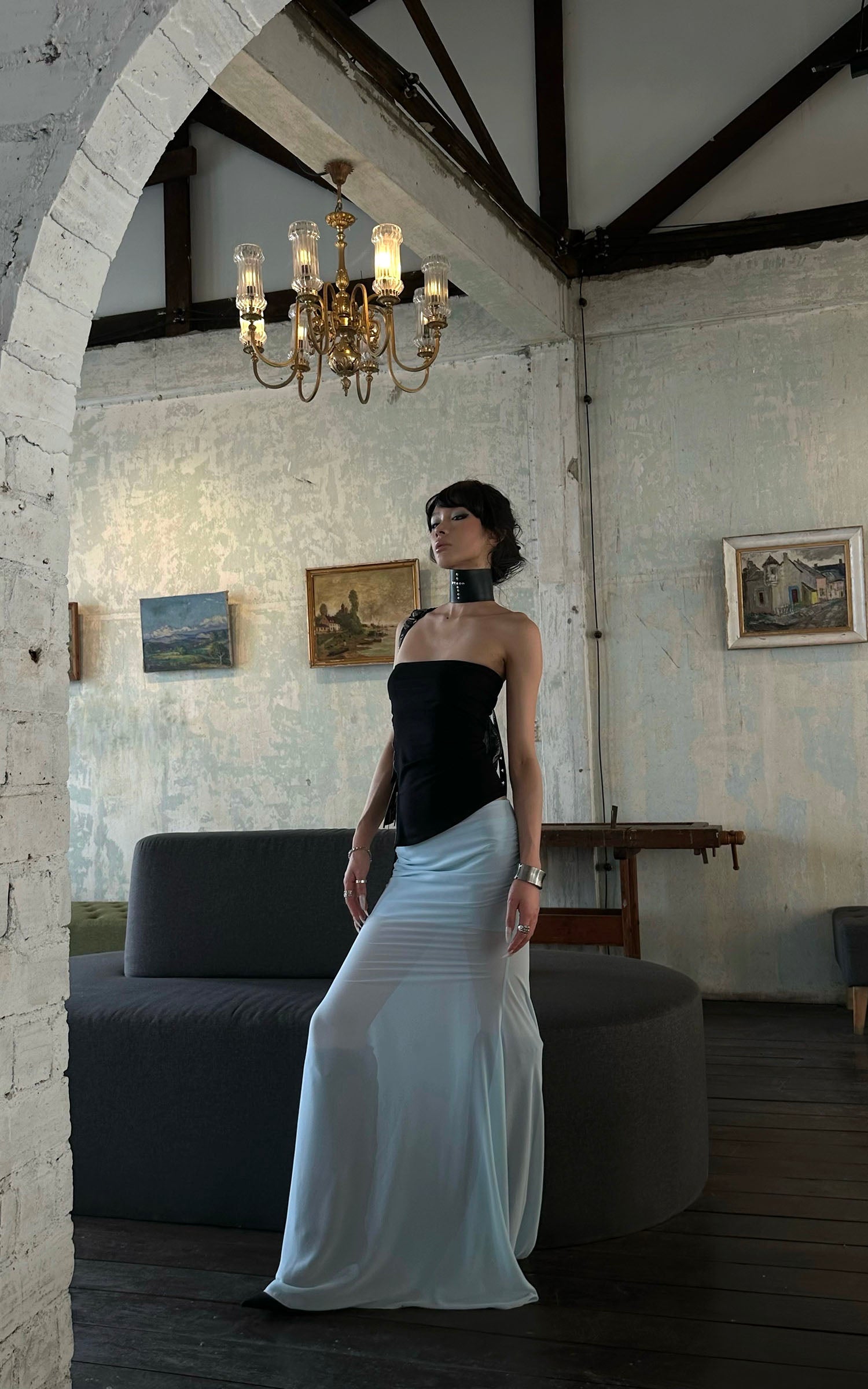 0122stepll ローライズドレープボディコンマキシスカート