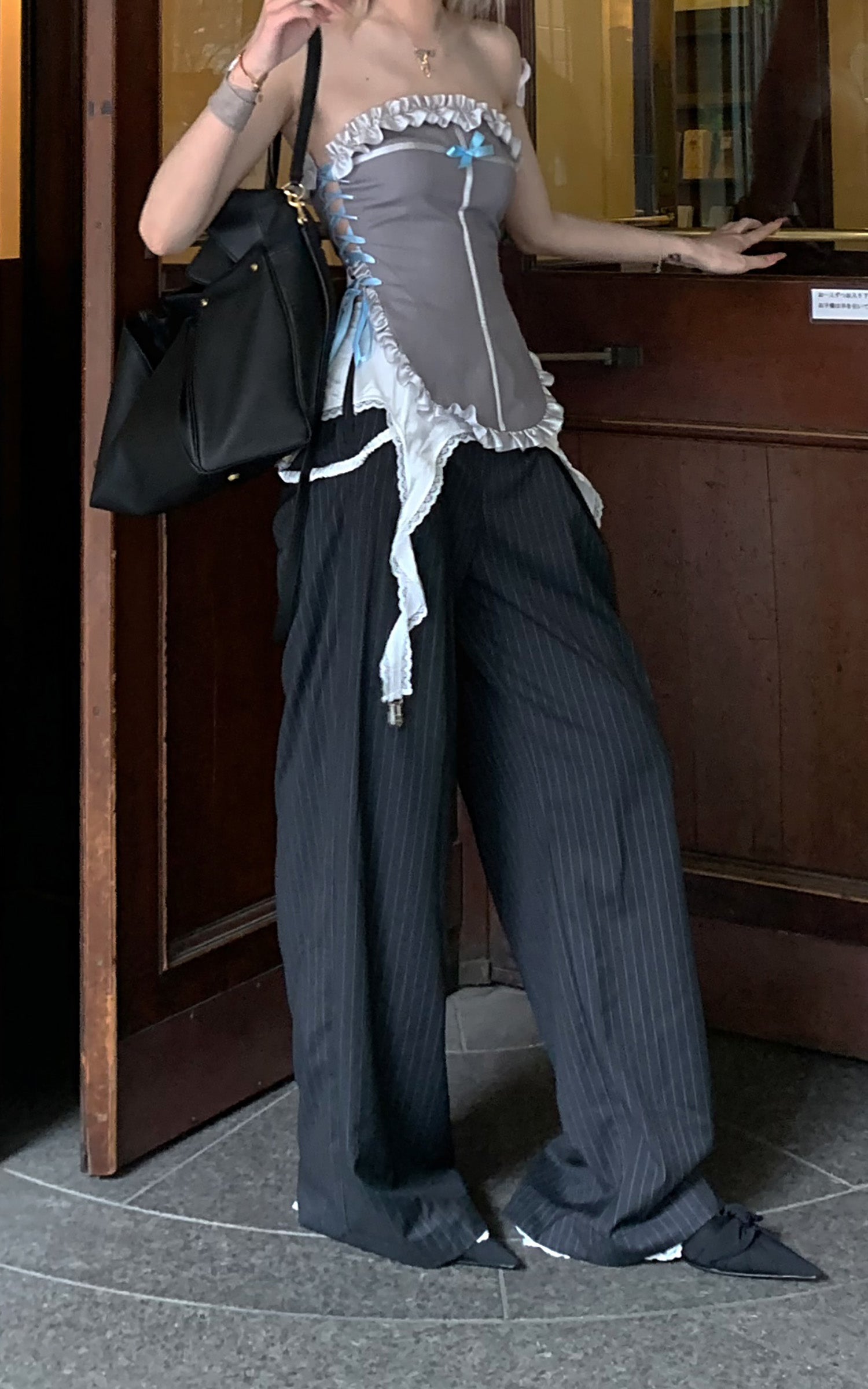 Rase le sol Wide-Leg Pinstripe Trousers with Lace Trim - PINKPARKS