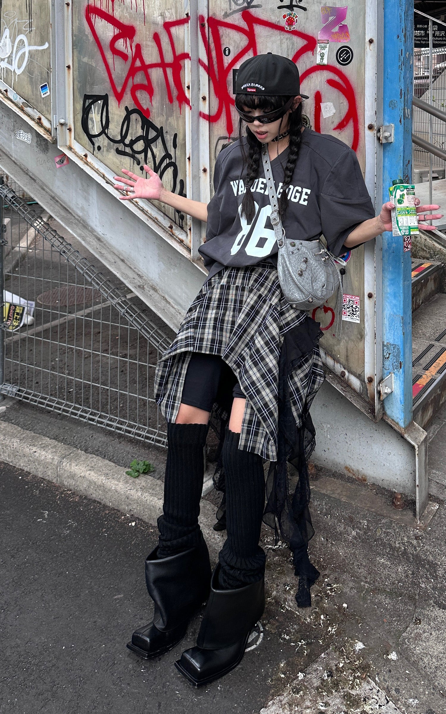 WARDEN EDGE Asymmetrical Plaid Skirt with Lace Paneling - PINKPARKS