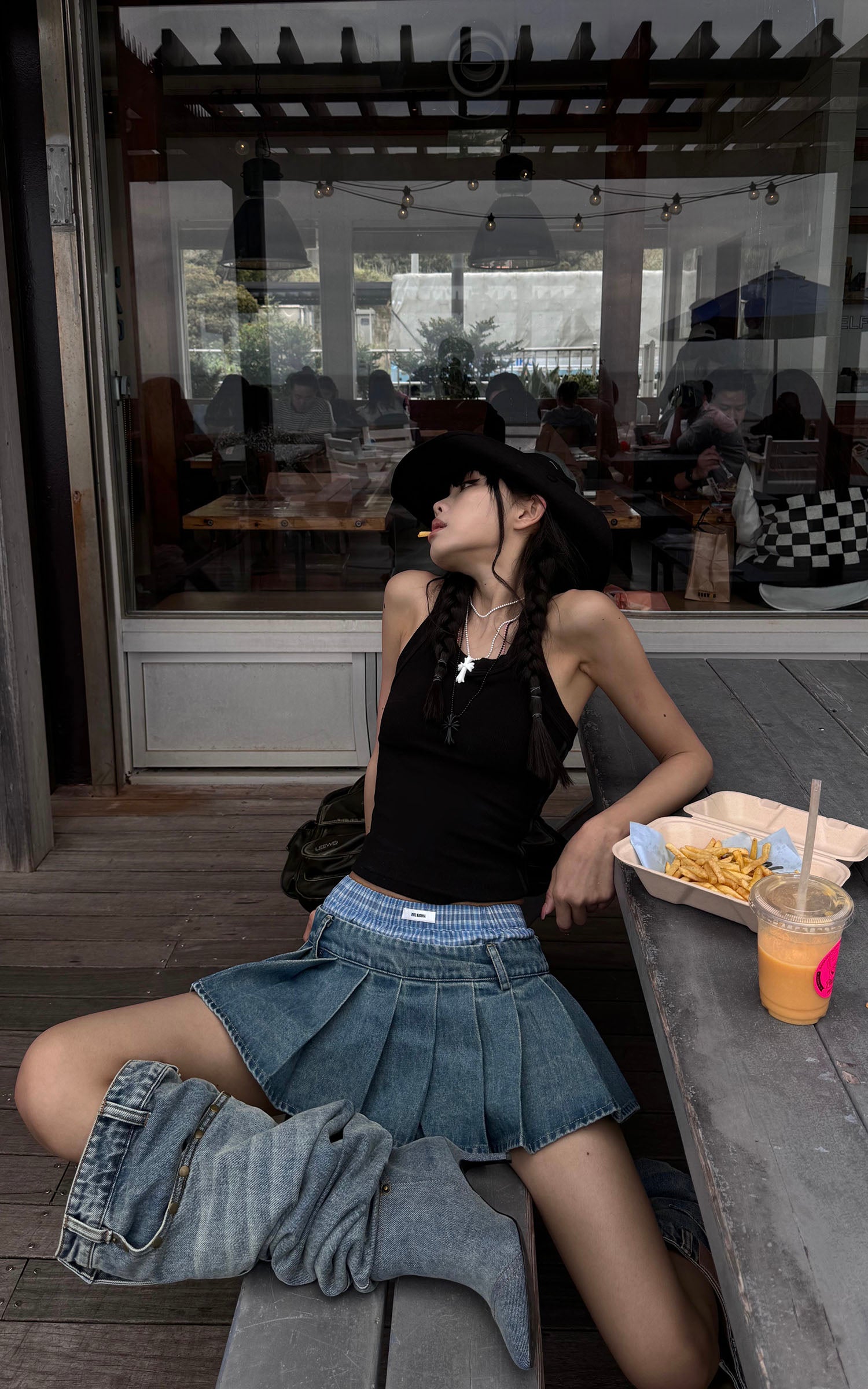 WARDEN EDGE Pleated Denim Micro Skirt with Contrast Waistband - PINKPARKS