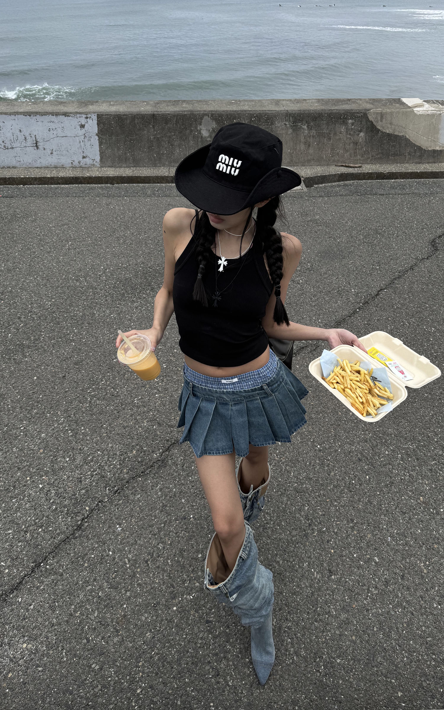 WARDEN EDGE Pleated Denim Micro Skirt with Contrast Waistband - PINKPARKS