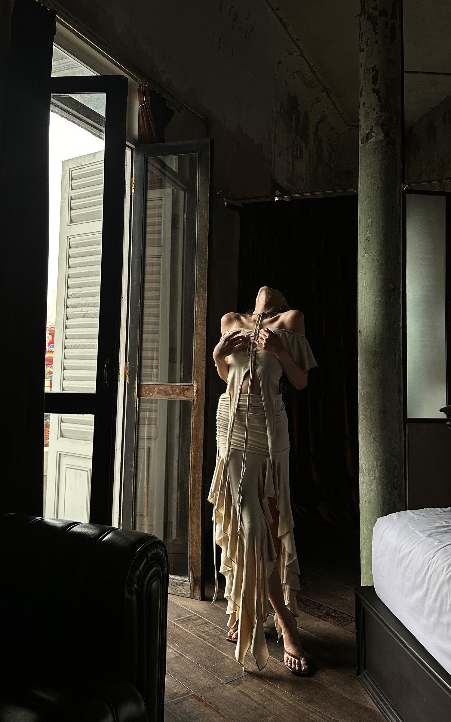 WARDEN EDGE Off-Shoulder Ruffle Set with Asymmetrical Hem - PINKPARKS