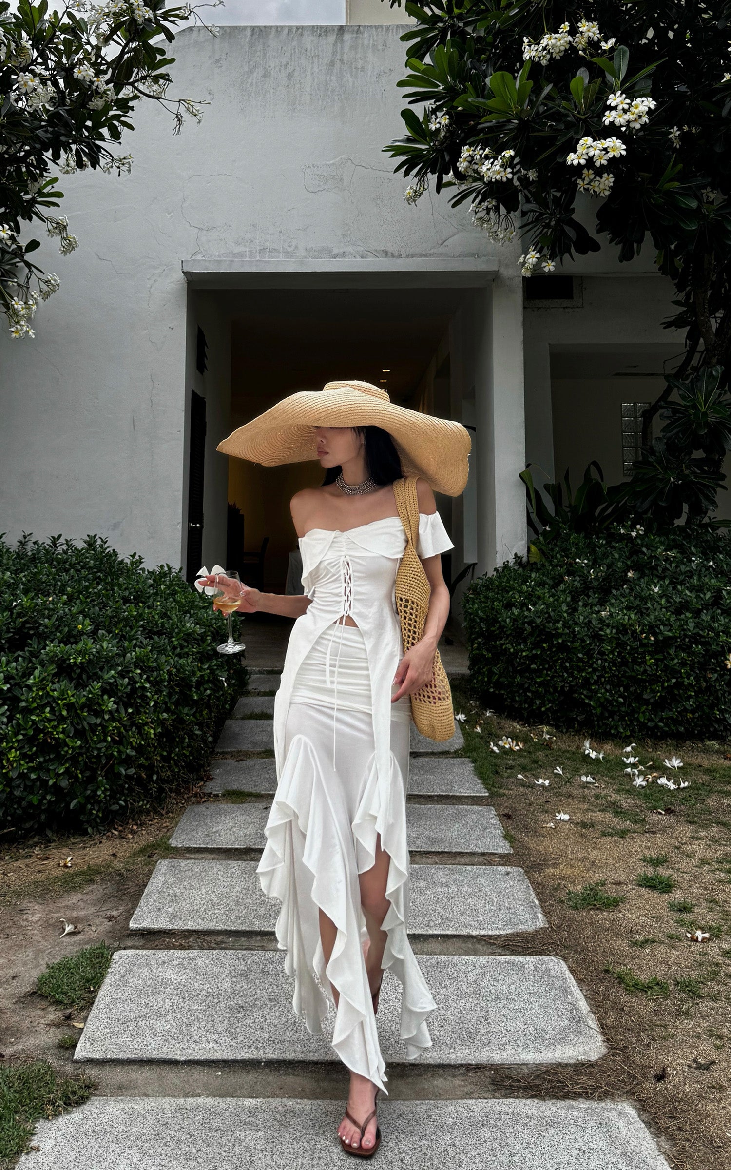 WARDEN EDGE Off-Shoulder Ruffle Set with Asymmetrical Hem - PINKPARKS