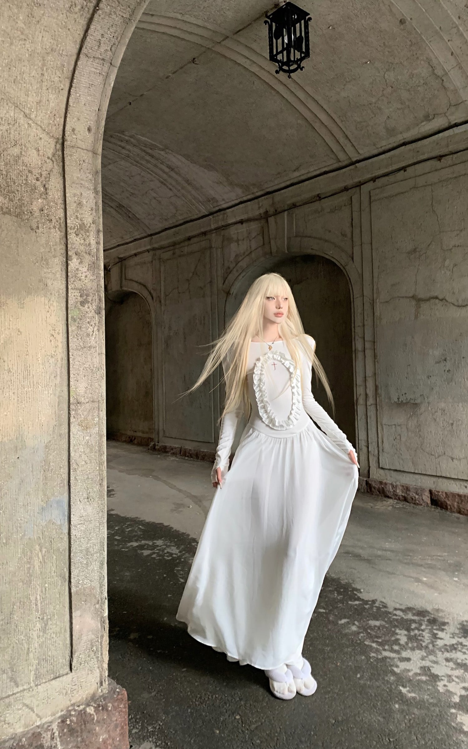 Rase le sol Long Sleeve Dress with Cross Embroidery and Lace Trim - PINKPARKS