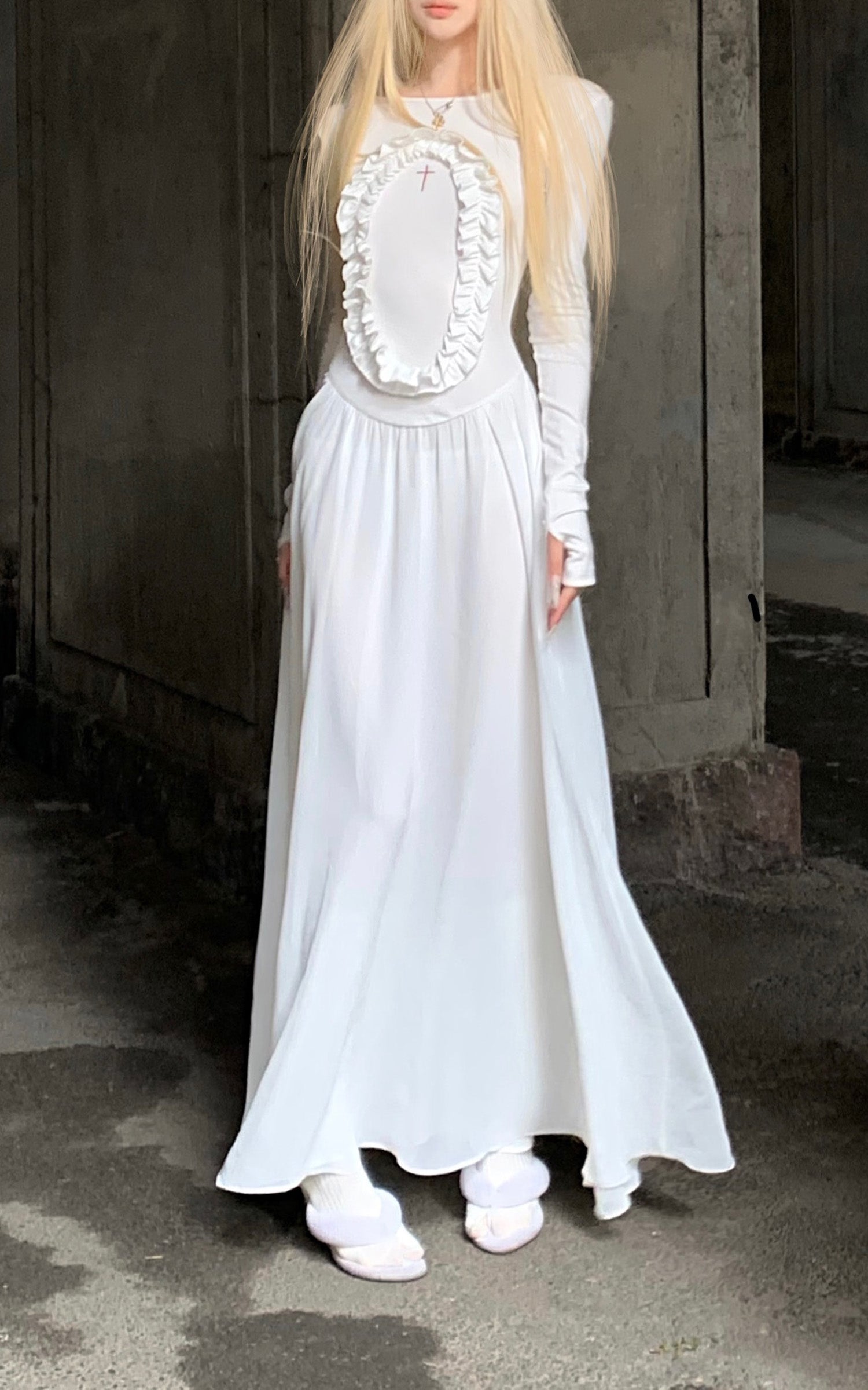 Rase le sol Long Sleeve Dress with Cross Embroidery and Lace Trim - PINKPARKS