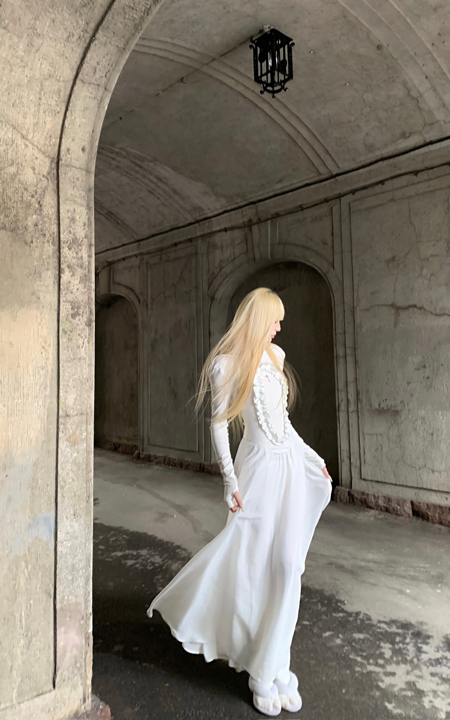 Rase le sol Long Sleeve Dress with Cross Embroidery and Lace Trim - PINKPARKS