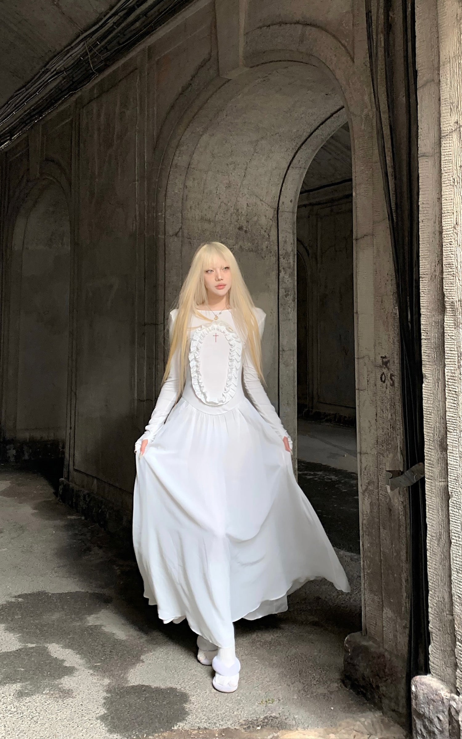 Rase le sol Long Sleeve Dress with Cross Embroidery and Lace Trim - PINKPARKS