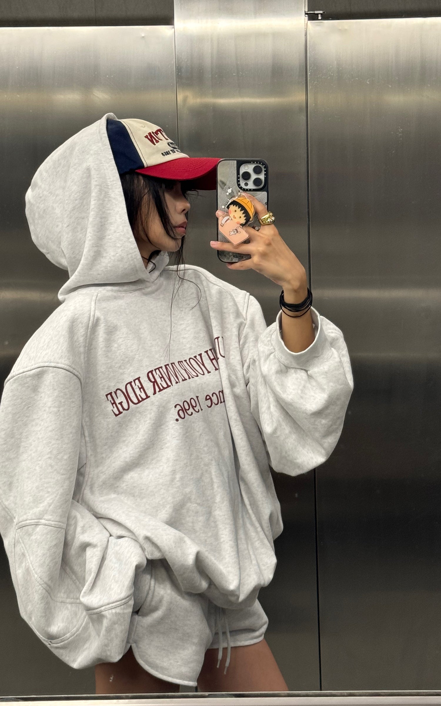 WARDEN EDGE Retro Lettering Print Hoodie + High-Waisted Shorts Set - PINKPARKS