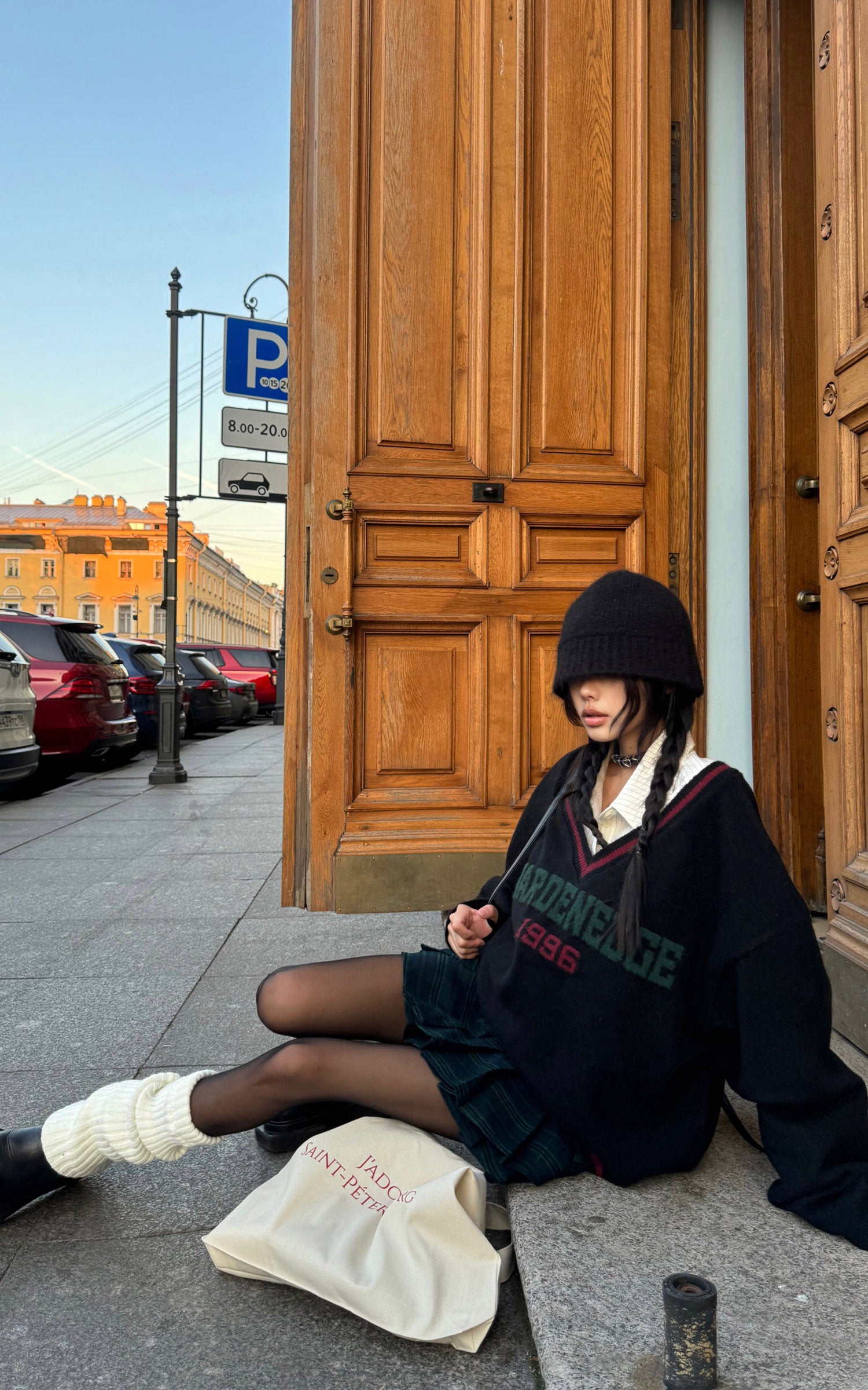 WARDEN EDGE Oversized V-Neck Sweater with Retro Lettering - PINKPARKS