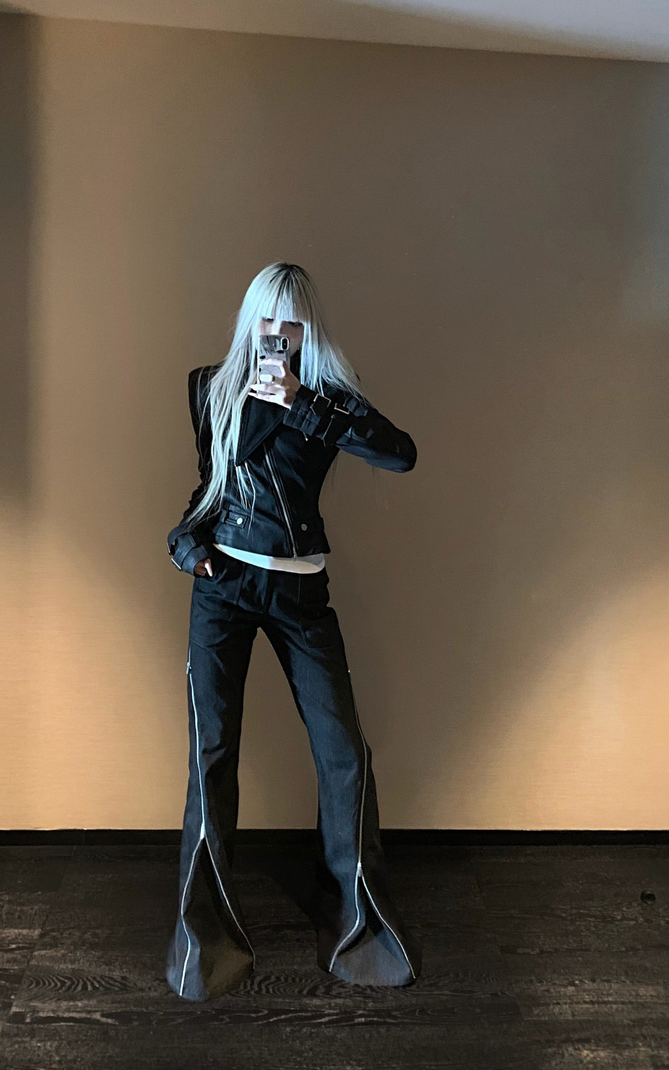 Rase le sol Fitted Leather Jacket & Flared Pants Set - PINKPARKS