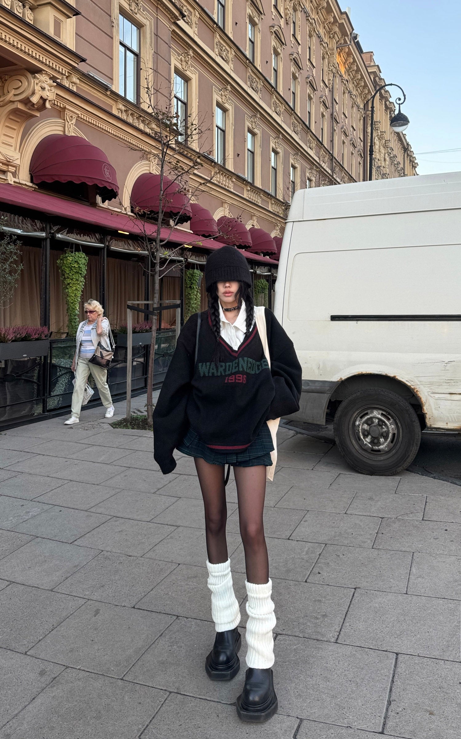 WARDEN EDGE Oversized V-Neck Sweater with Retro Lettering - PINKPARKS