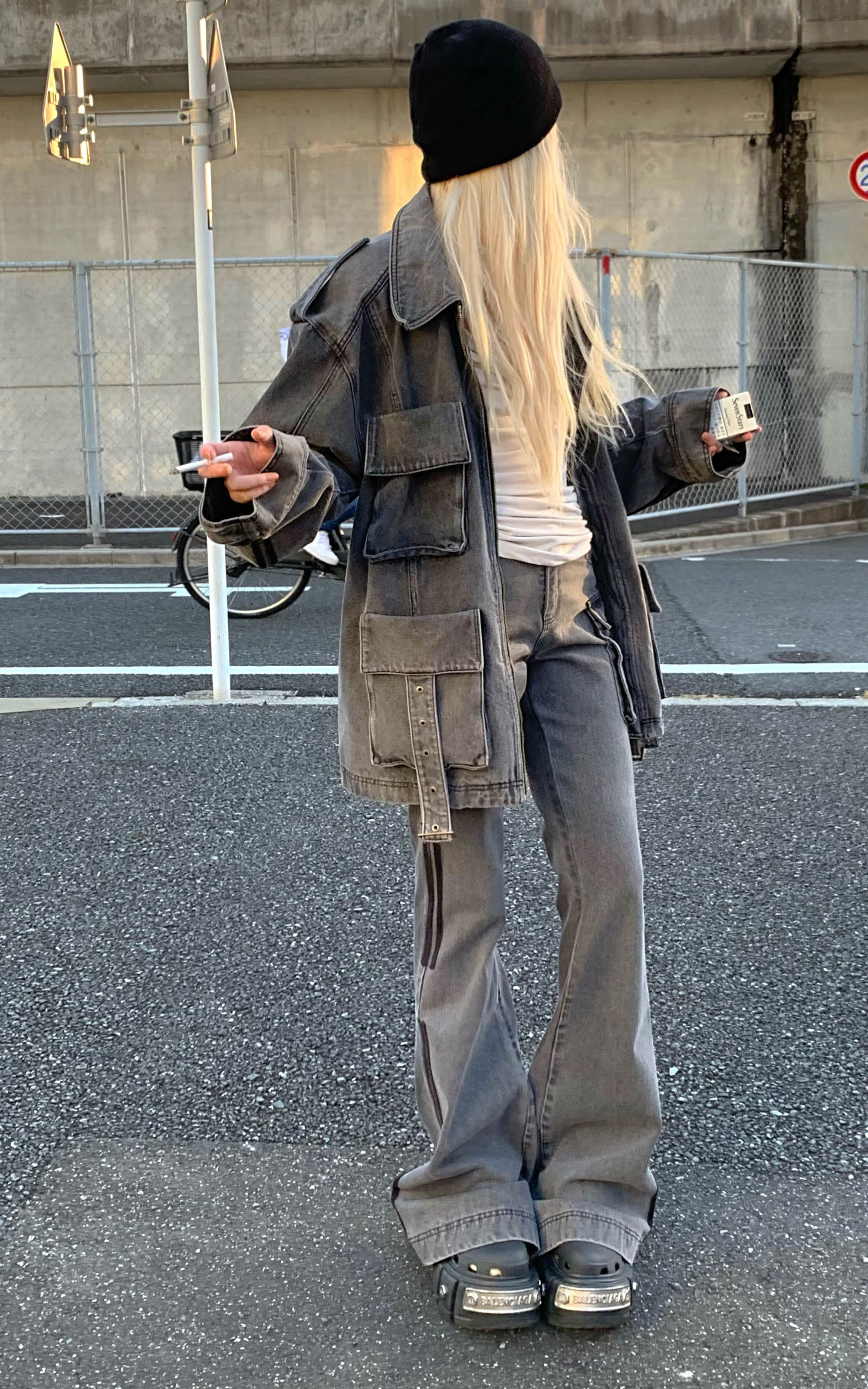 Rase le sol Washed Gray Utility Denim Pants - PINKPARKS