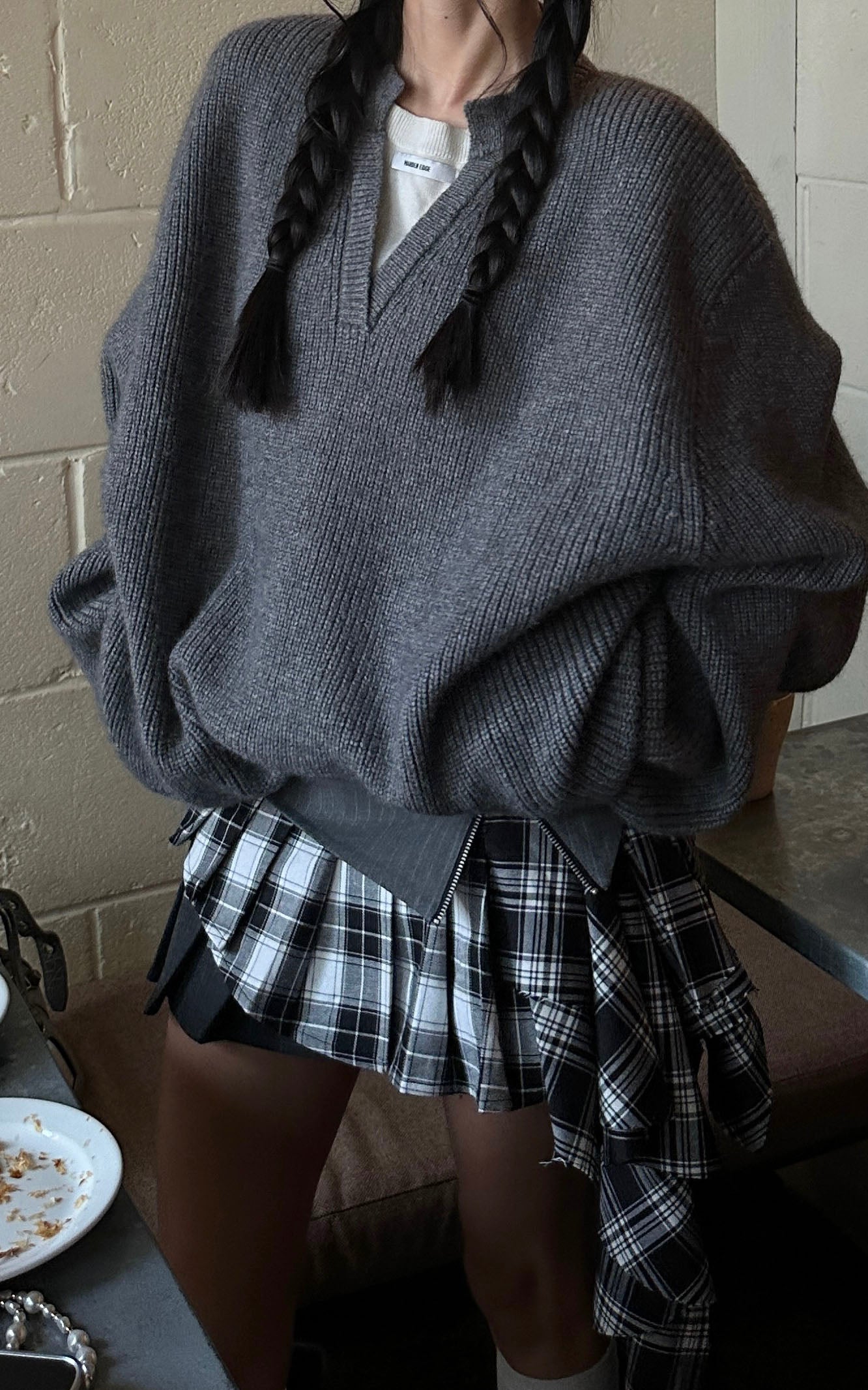 WARDEN EDGE Grey Knit Pullover & Asymmetrical Plaid Skirt Set - PINKPARKS