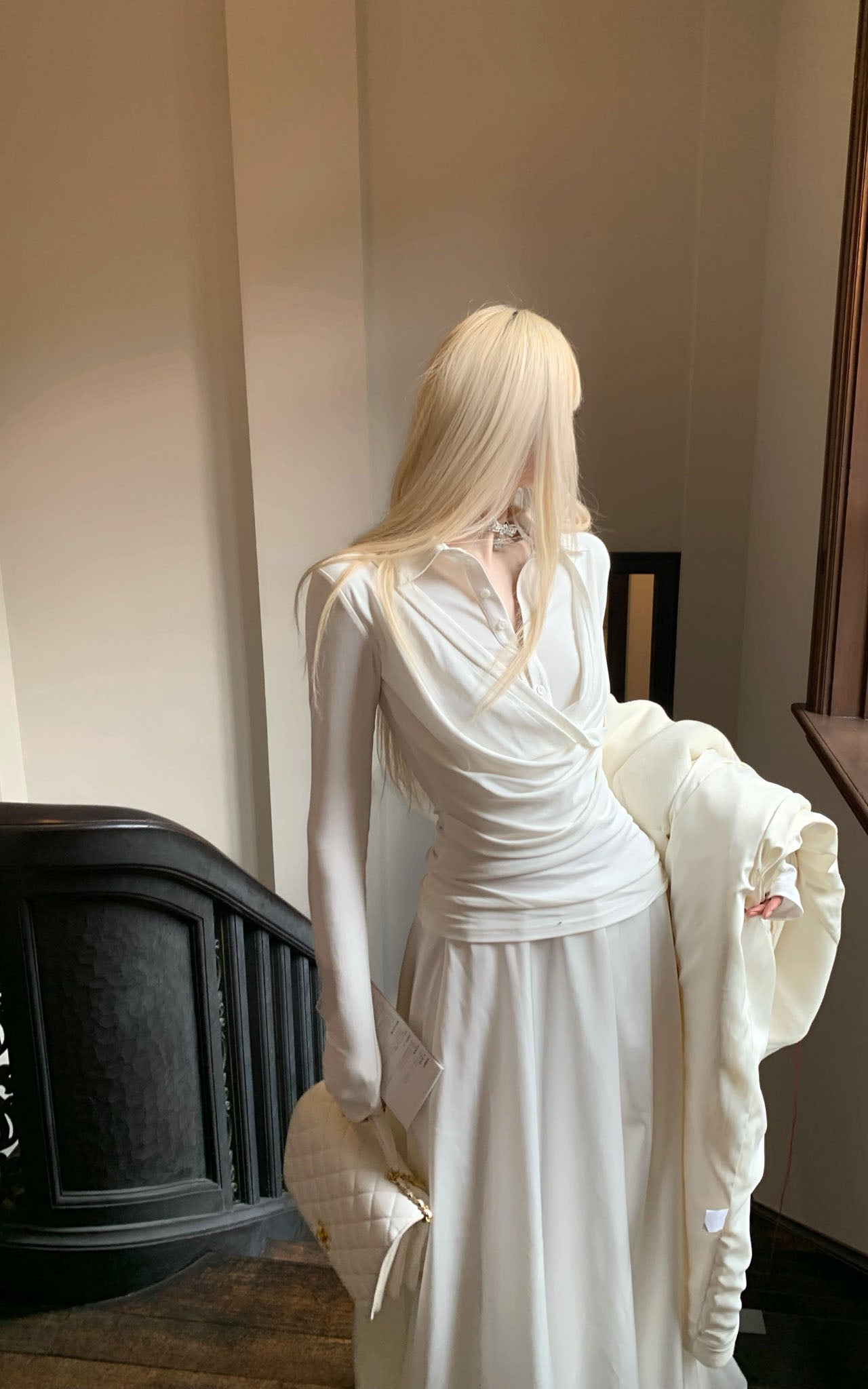 Rase le sol Draped Long-Sleeve Fitted T-Shirt - PINKPARKS