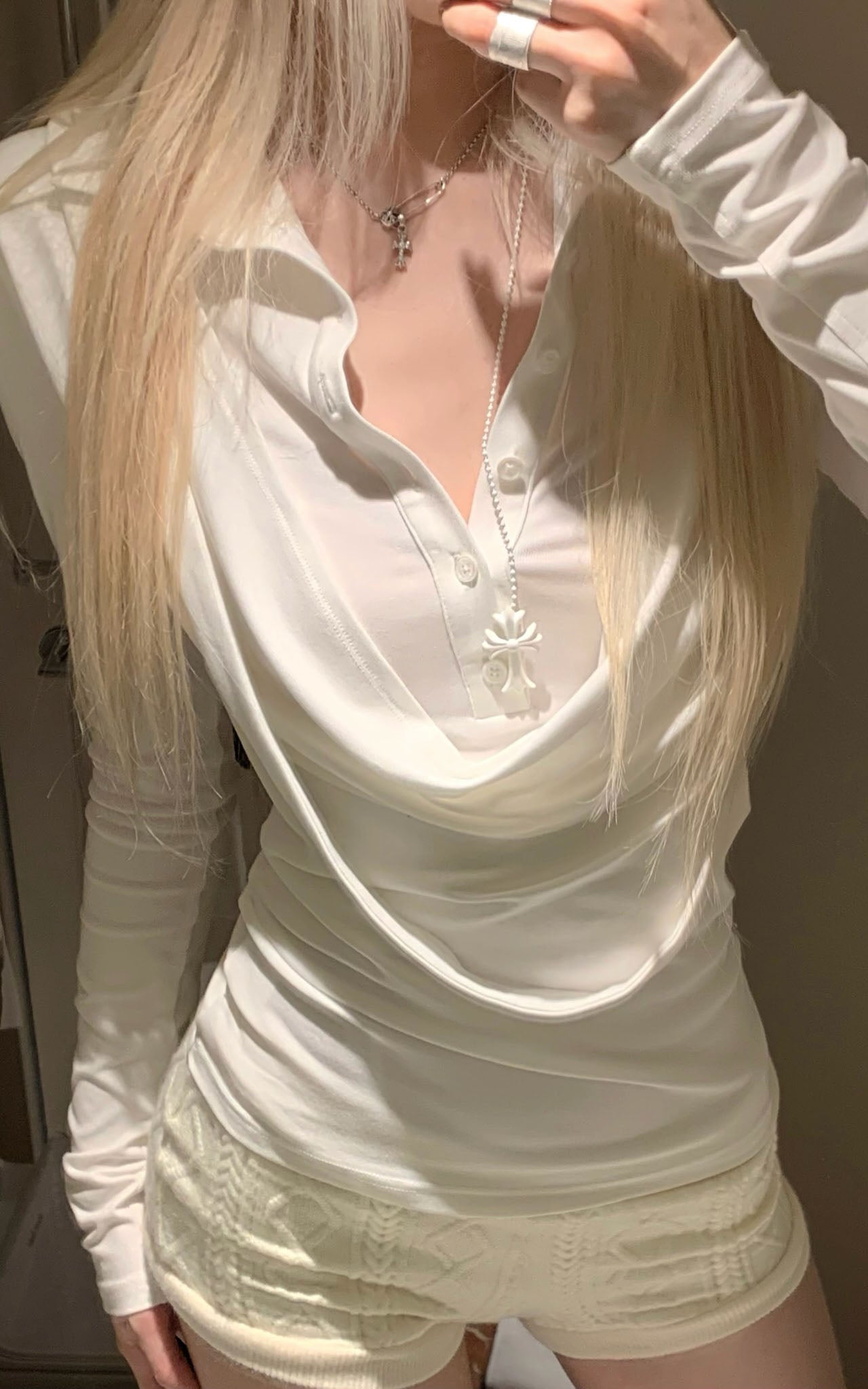 Rase le sol Draped Long-Sleeve Fitted T-Shirt - PINKPARKS