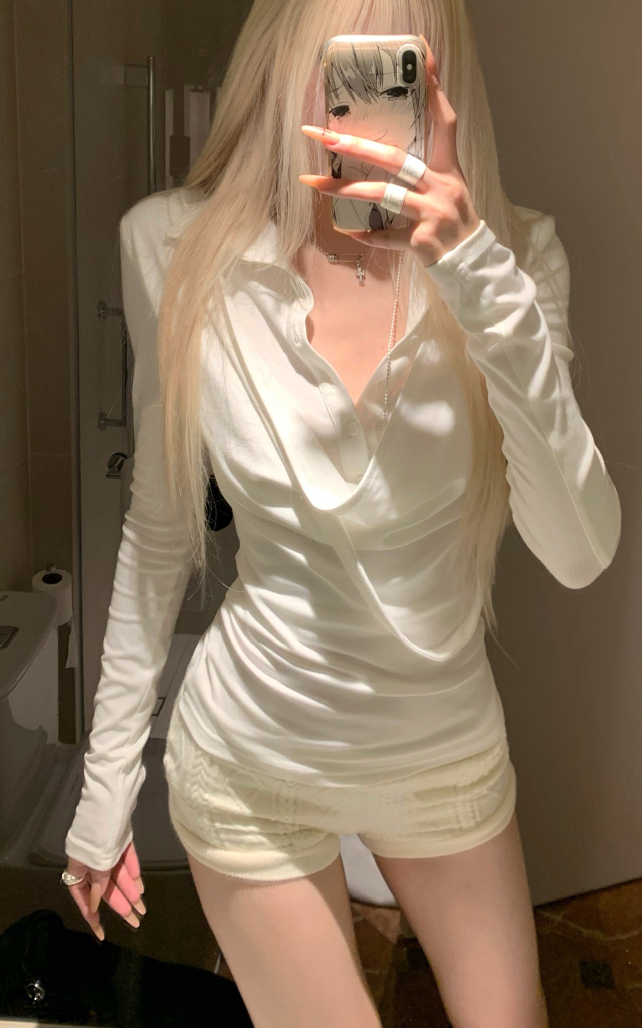 Rase le sol Draped Long-Sleeve Fitted T-Shirt - PINKPARKS