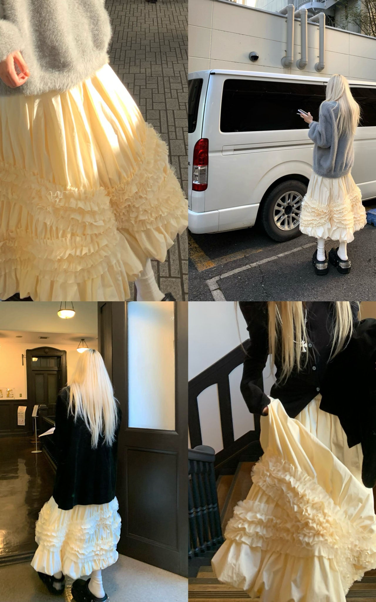 Rase le sol Lace-Tiered Puff Midi Skirt - PINKPARKS