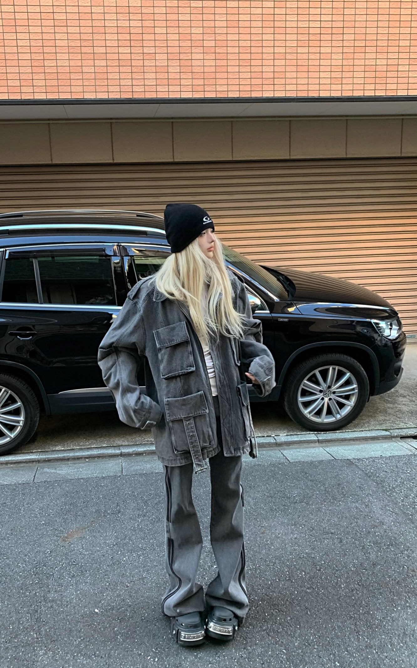 Rase le sol Washed Denim Utility Jacket - PINKPARKS