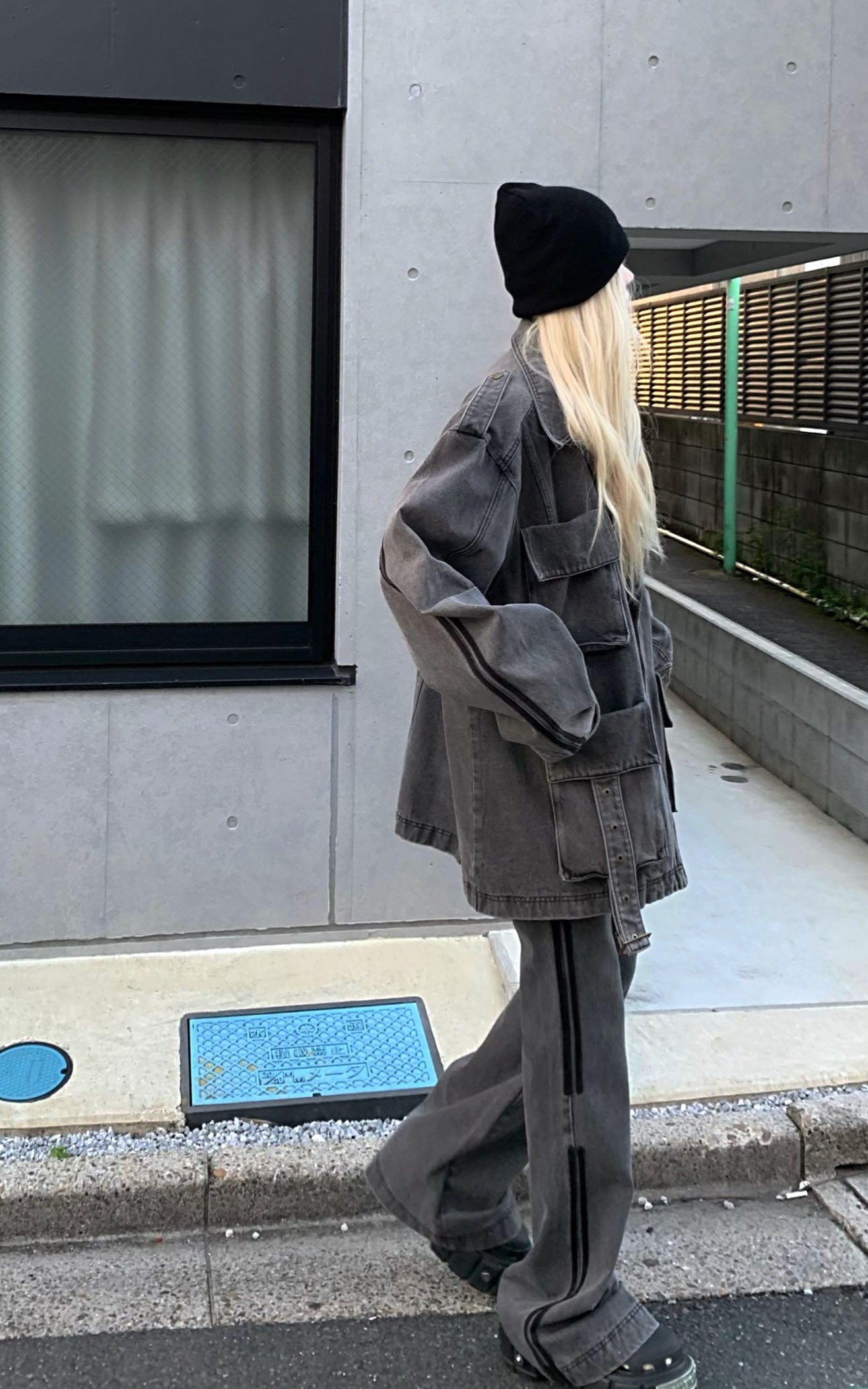 Rase le sol Washed Gray Utility Denim Pants - PINKPARKS