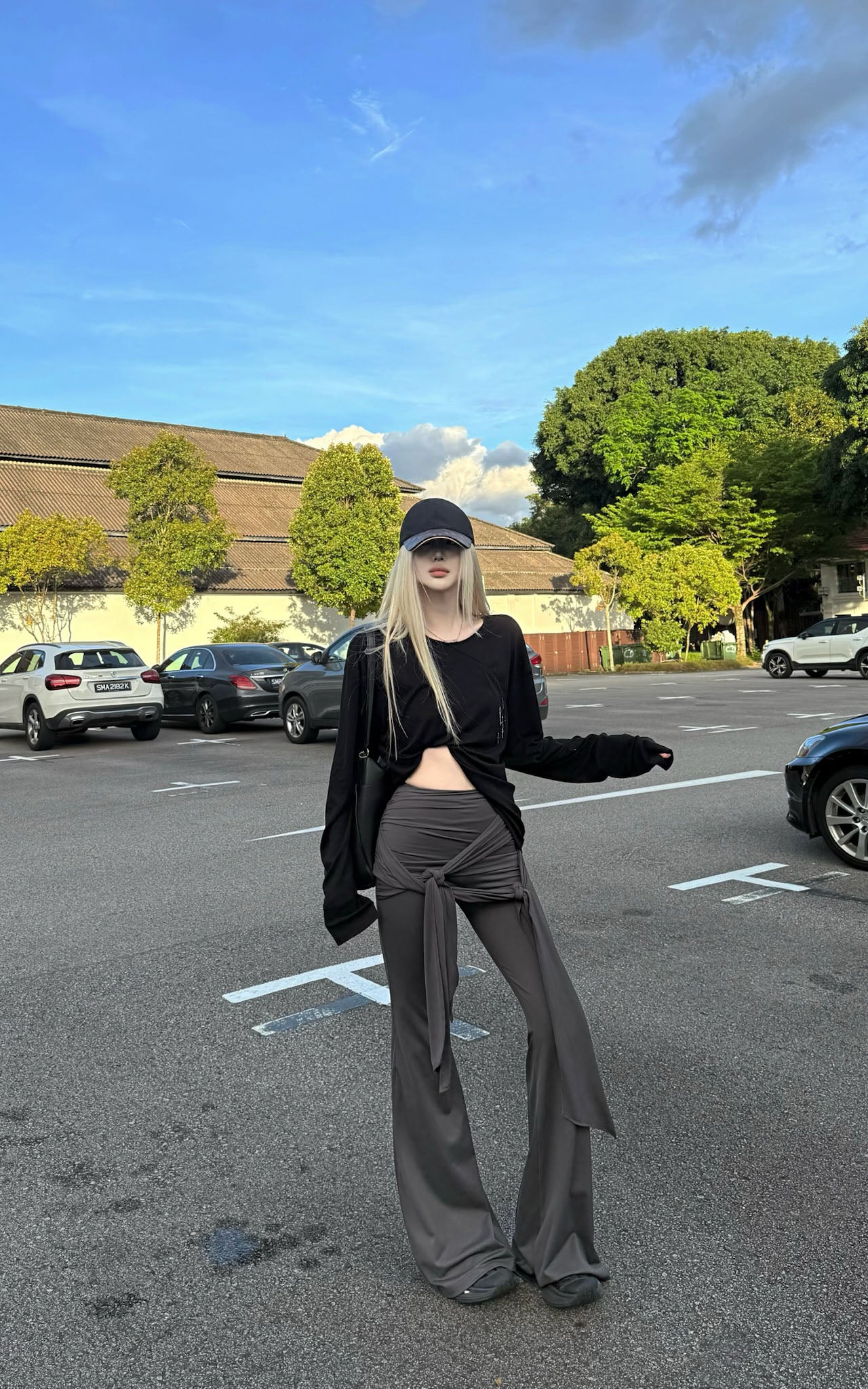 Rase le sol Gray Knot Detail High-Waisted Flared Pants - PINKPARKS