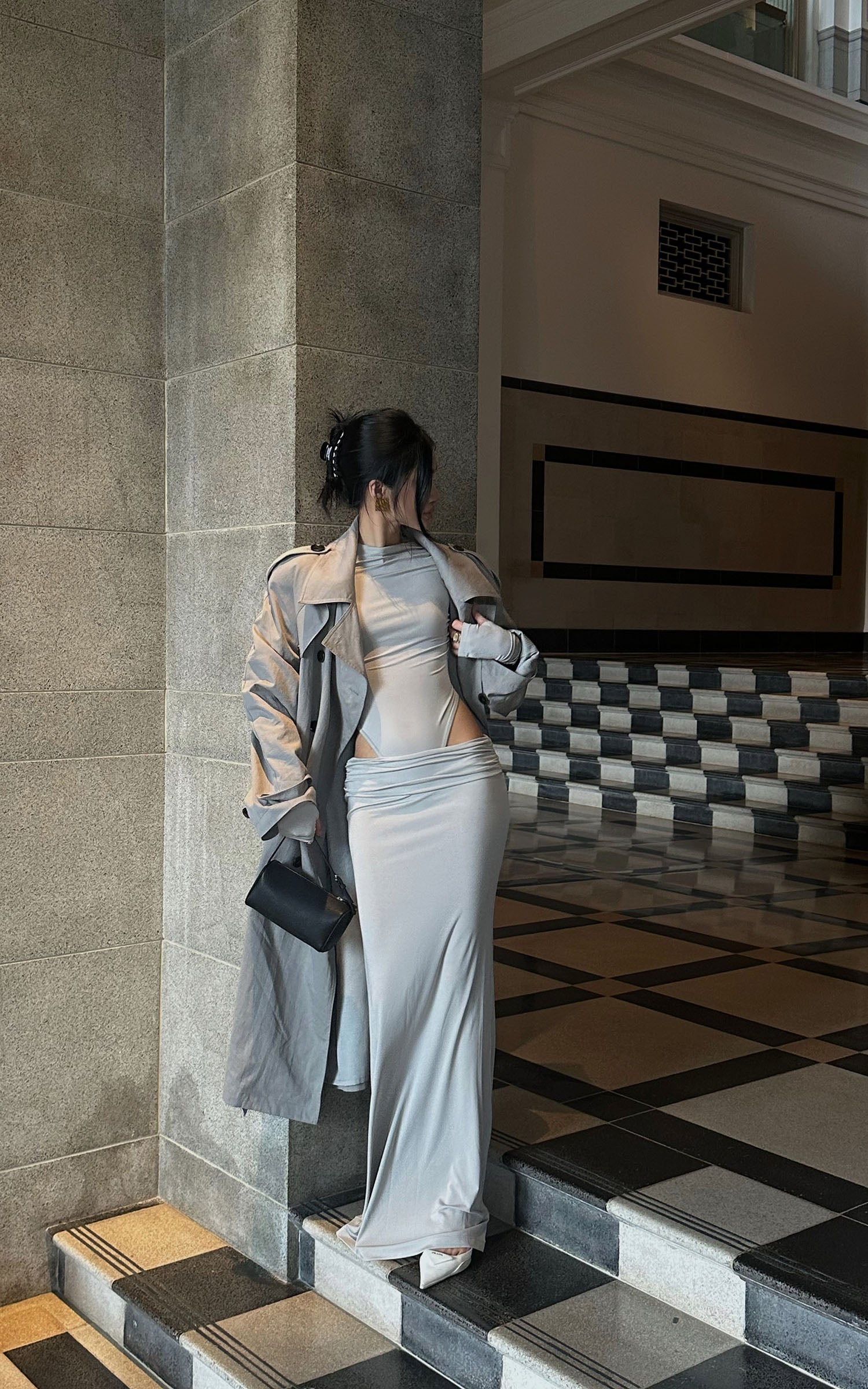 ROVENTE Structured Matte Trench Coat in Mist Grey - PINKPARKS