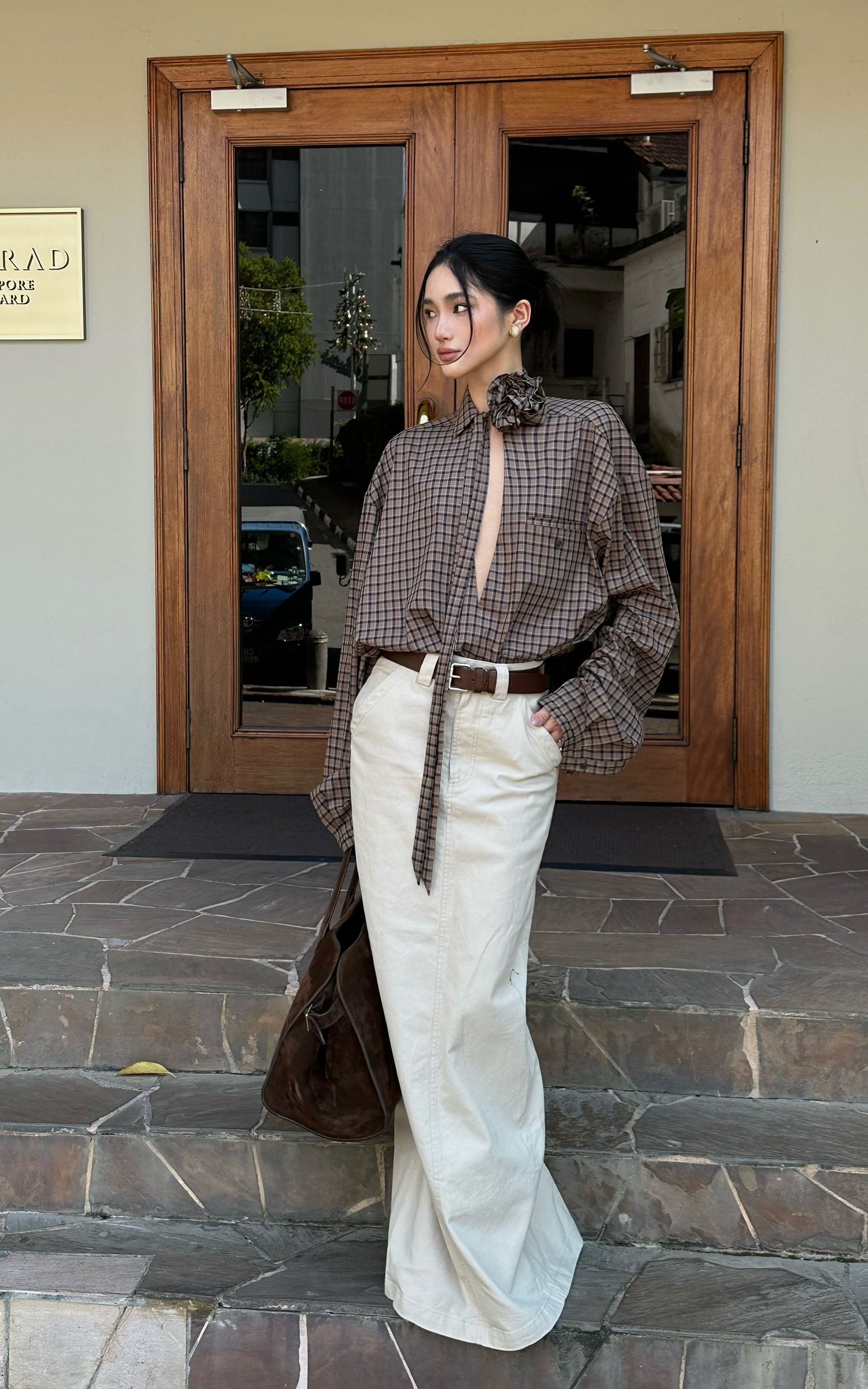 ROVENTE Draped Rose Check Shirt - PINKPARKS