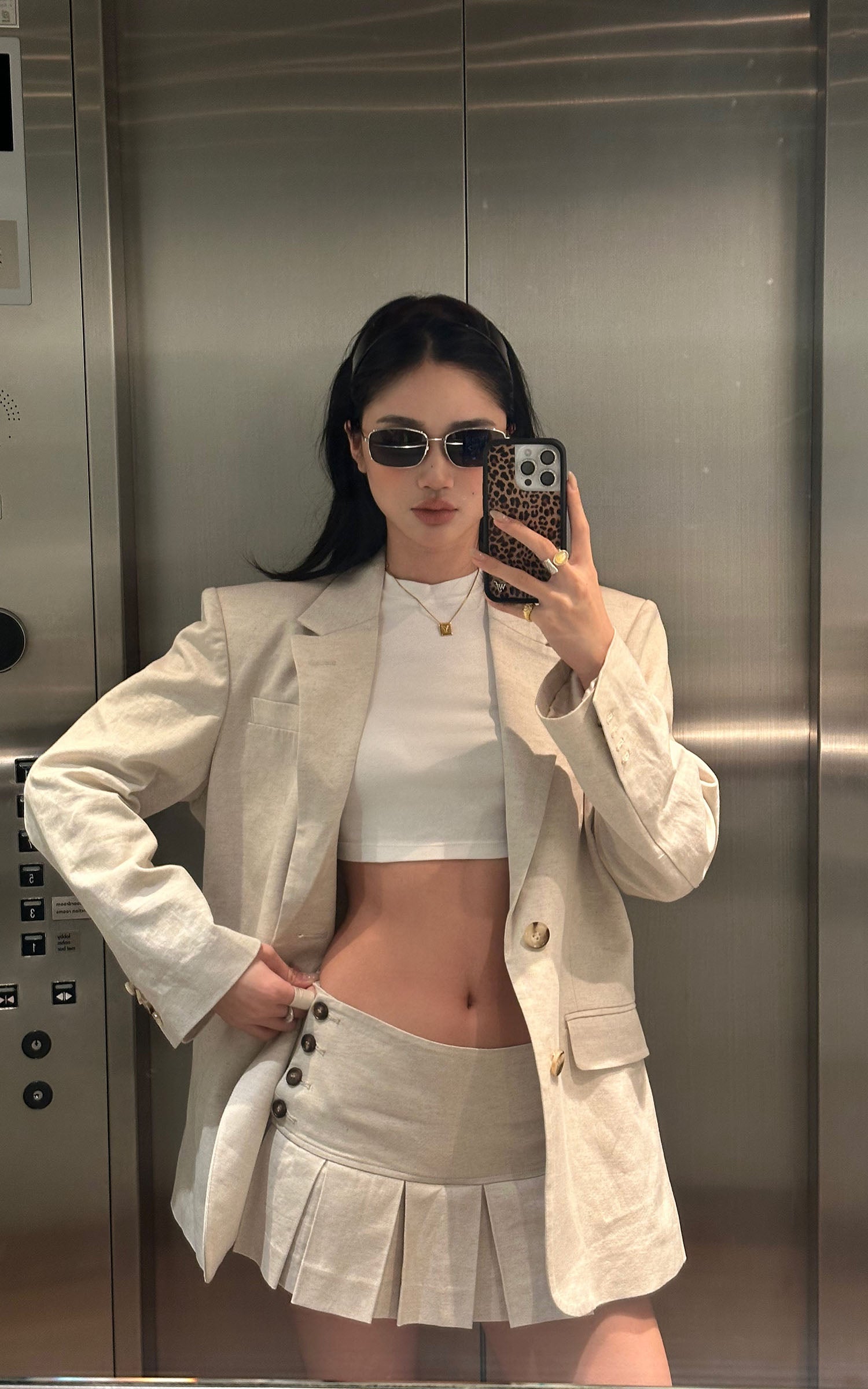 ROVENTE Linen-Blend Blazer & Pleated Mini Skirt Set - PINKPARKS