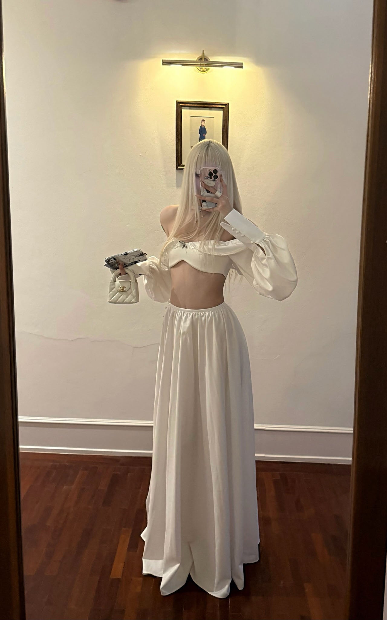 Rase le sol Bow-detail Strapless Long Sleeve Skirt Set - PINKPARKS