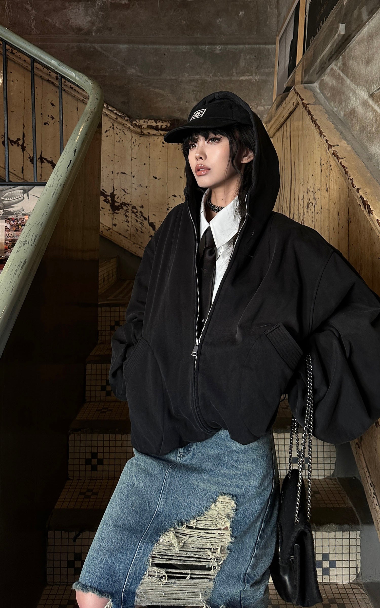 WARDEN EDGE Distressed Denim Midi Skirt with Asymmetrical Hem - PINKPARKS