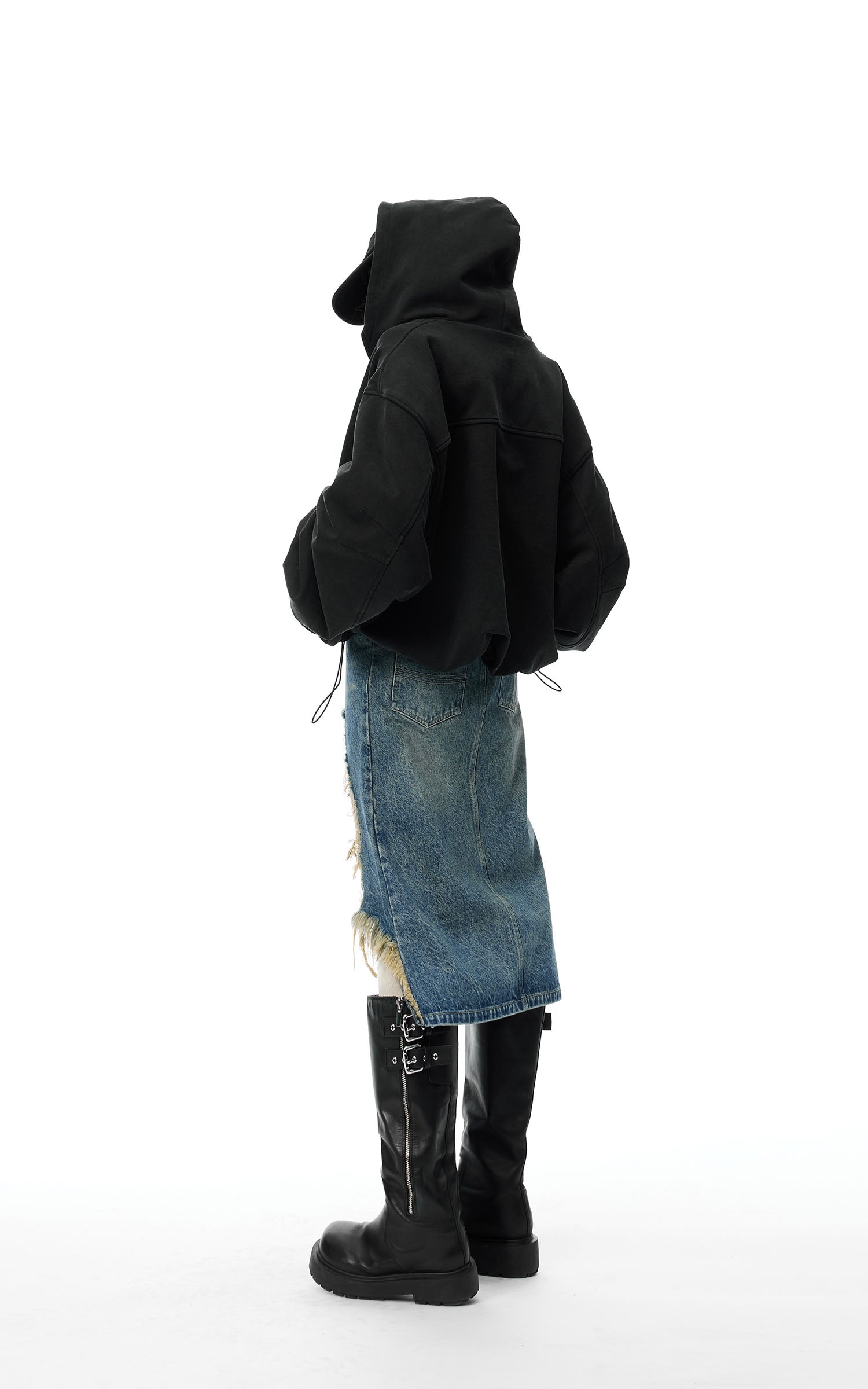 WARDEN EDGE Distressed Denim Midi Skirt with Asymmetrical Hem - PINKPARKS