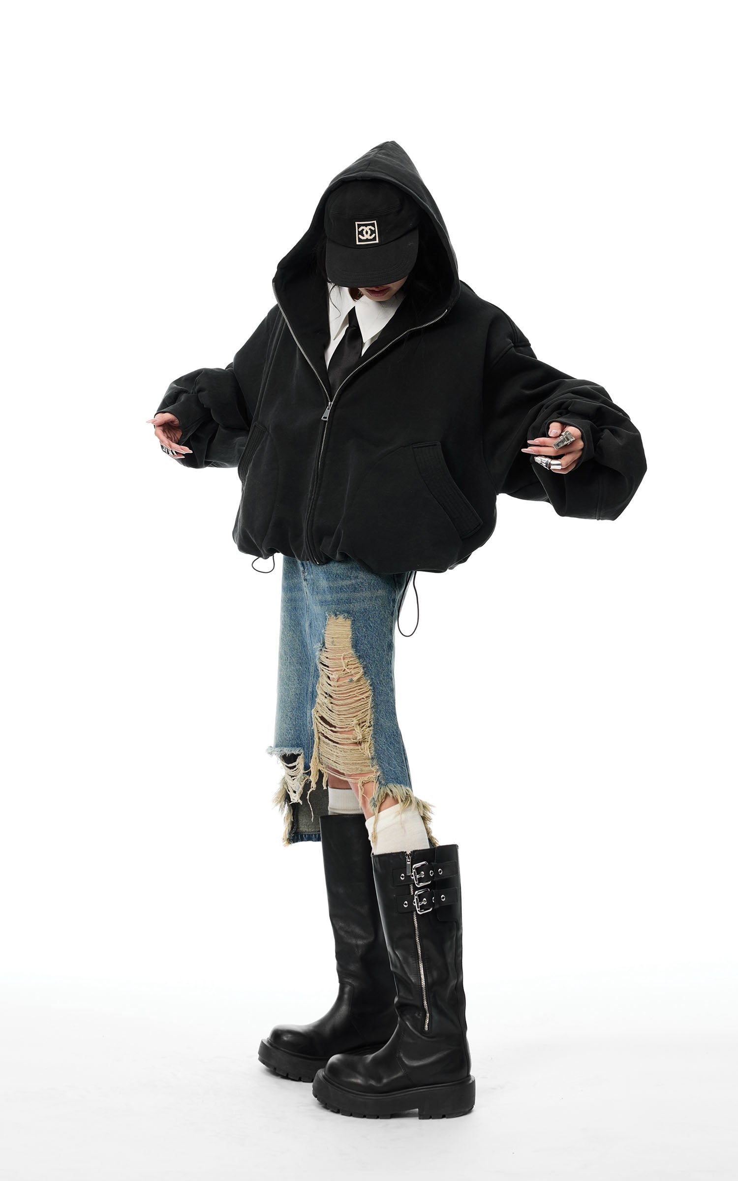 WARDEN EDGE Distressed Denim Midi Skirt with Asymmetrical Hem - PINKPARKS