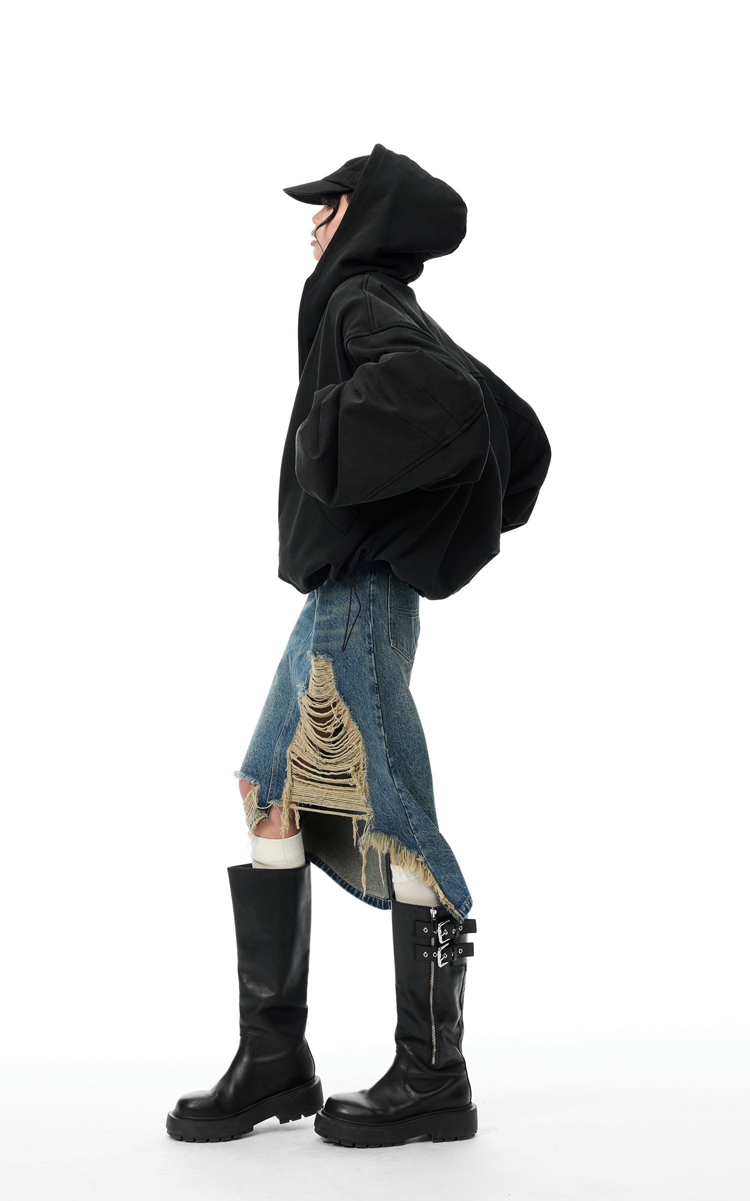 WARDEN EDGE Distressed Denim Midi Skirt with Asymmetrical Hem - PINKPARKS