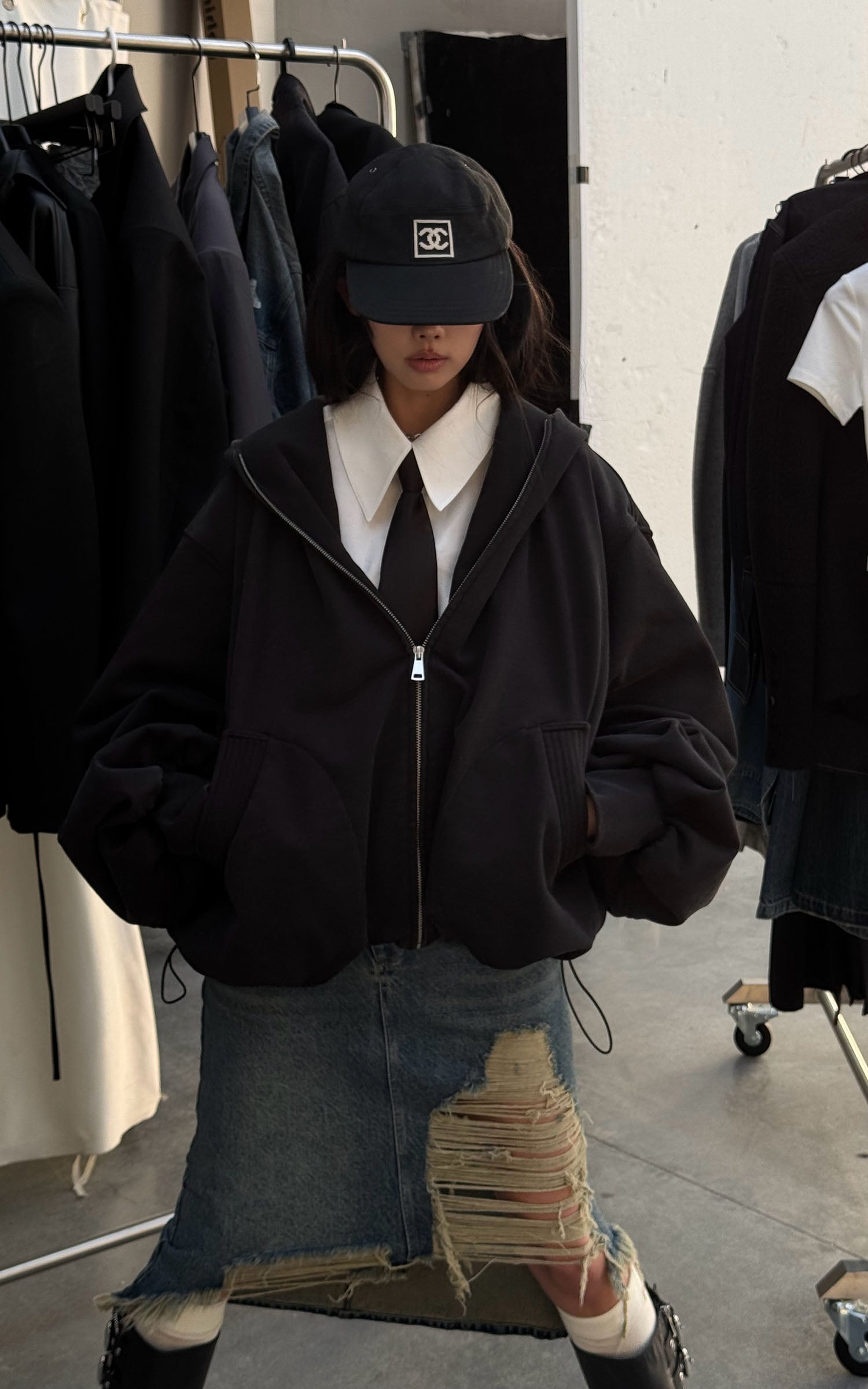 WARDEN EDGE Distressed Denim Midi Skirt with Asymmetrical Hem - PINKPARKS