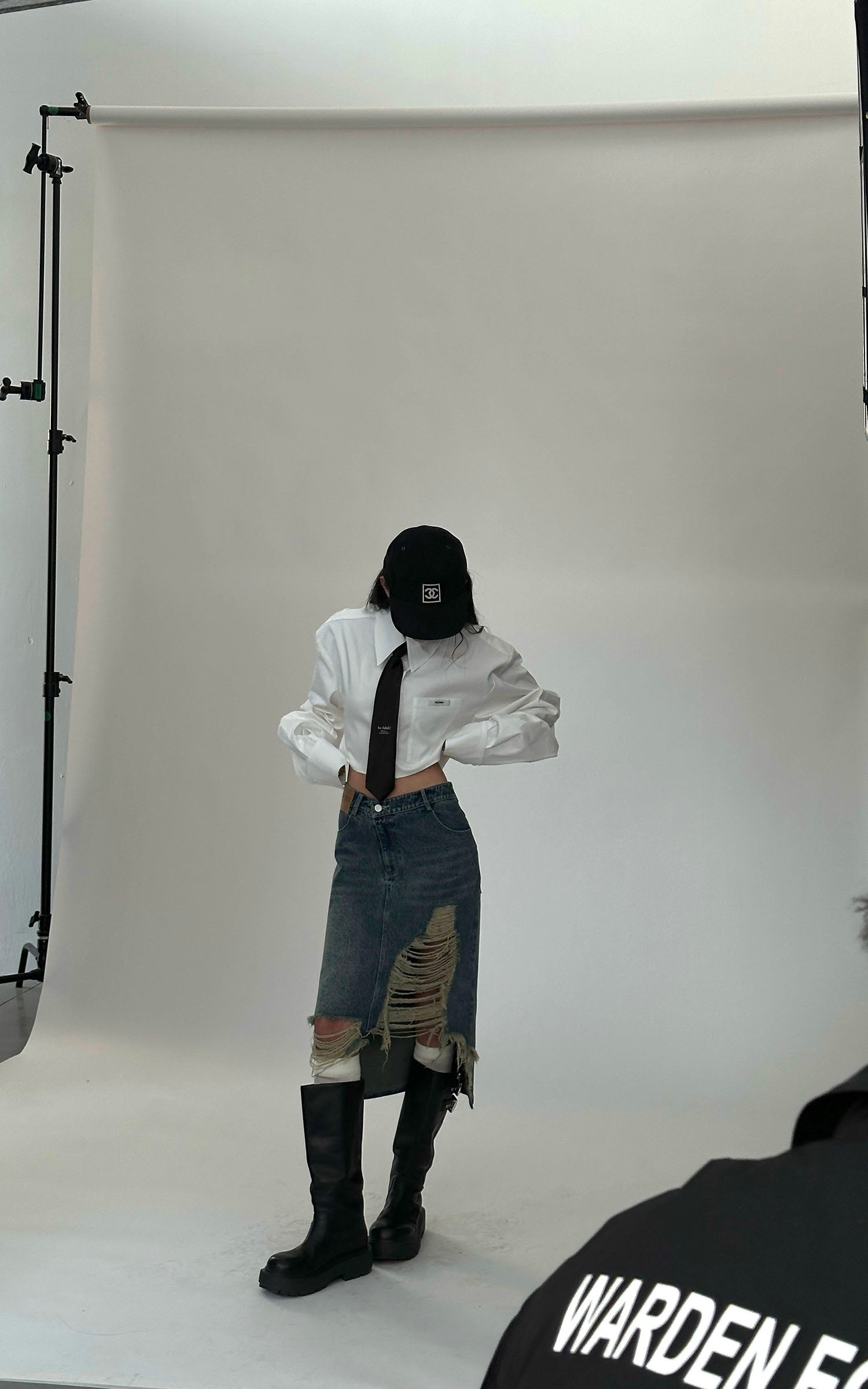 WARDEN EDGE Distressed Denim Midi Skirt with Asymmetrical Hem - PINKPARKS