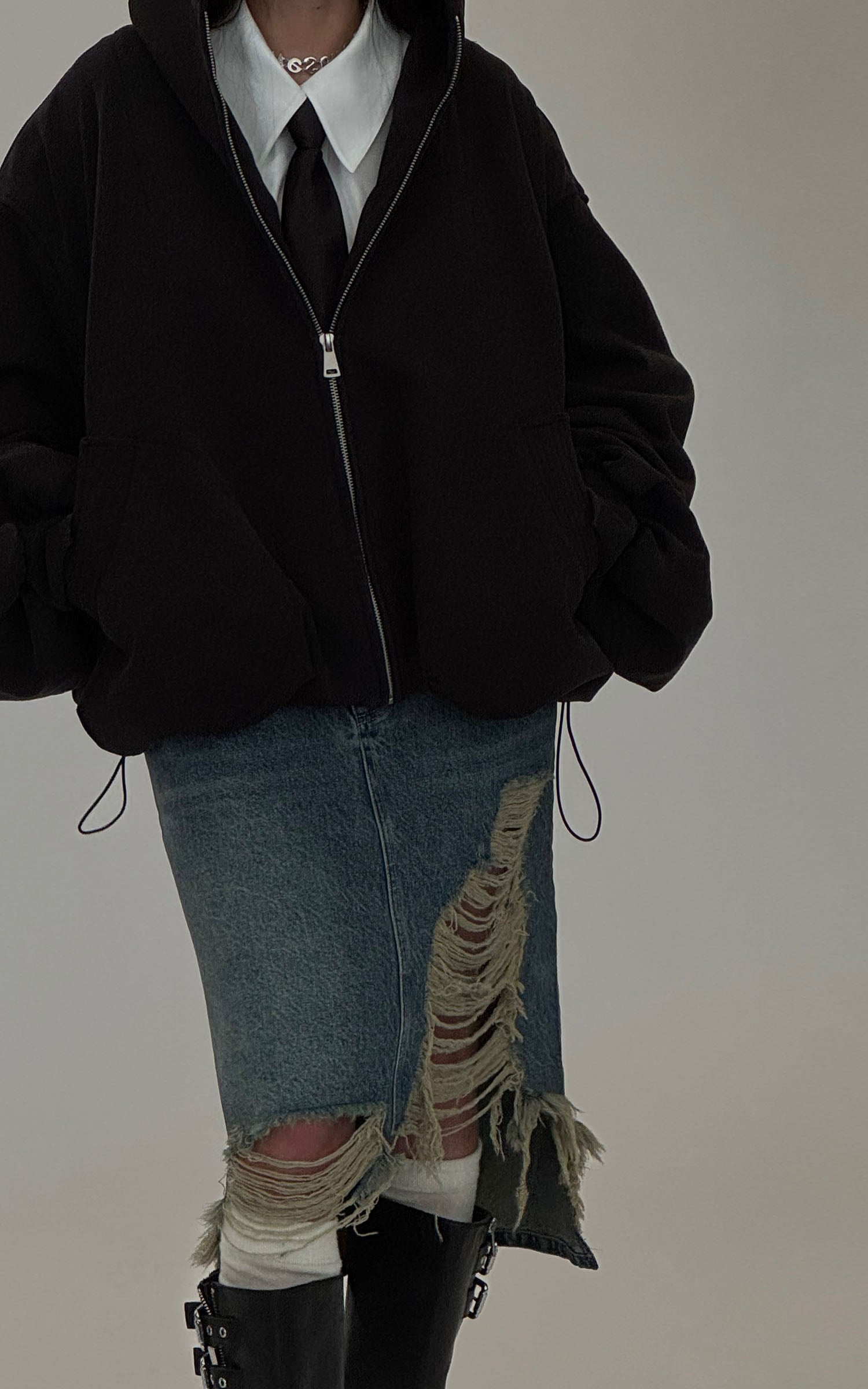 WARDEN EDGE Distressed Denim Midi Skirt with Asymmetrical Hem - PINKPARKS