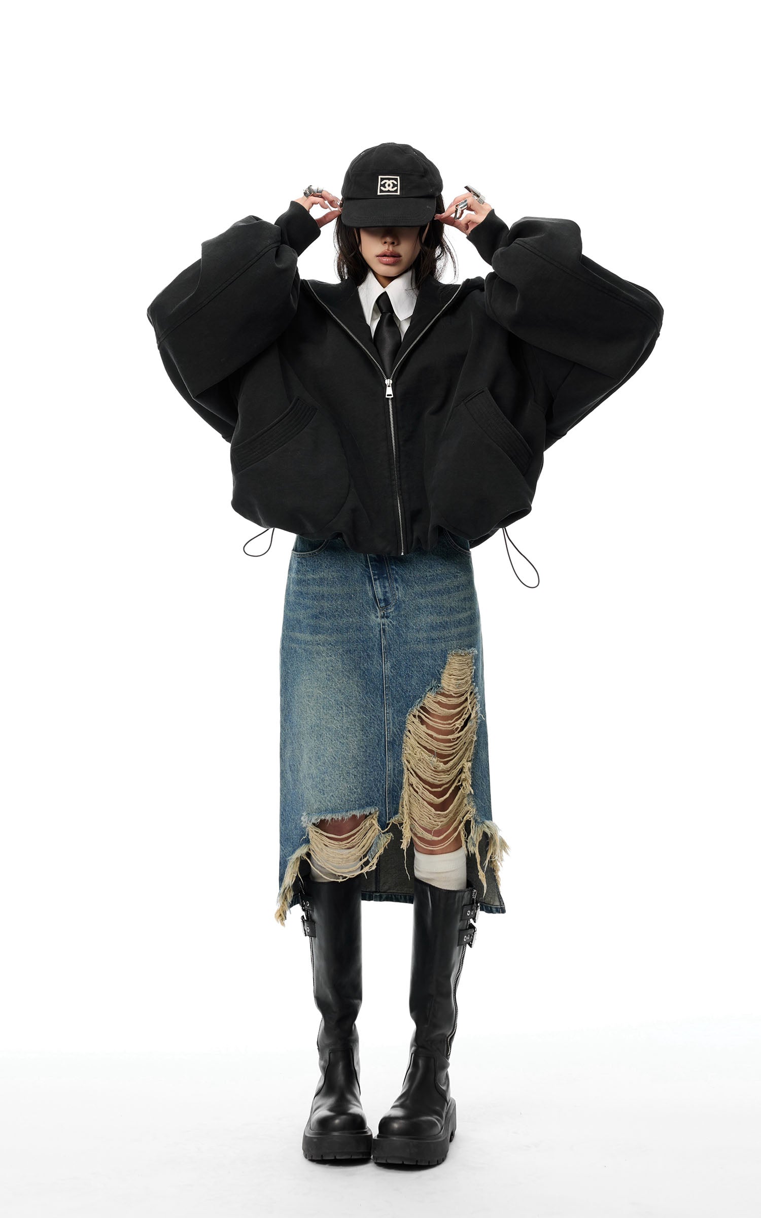 WARDEN EDGE Distressed Denim Midi Skirt with Asymmetrical Hem - PINKPARKS