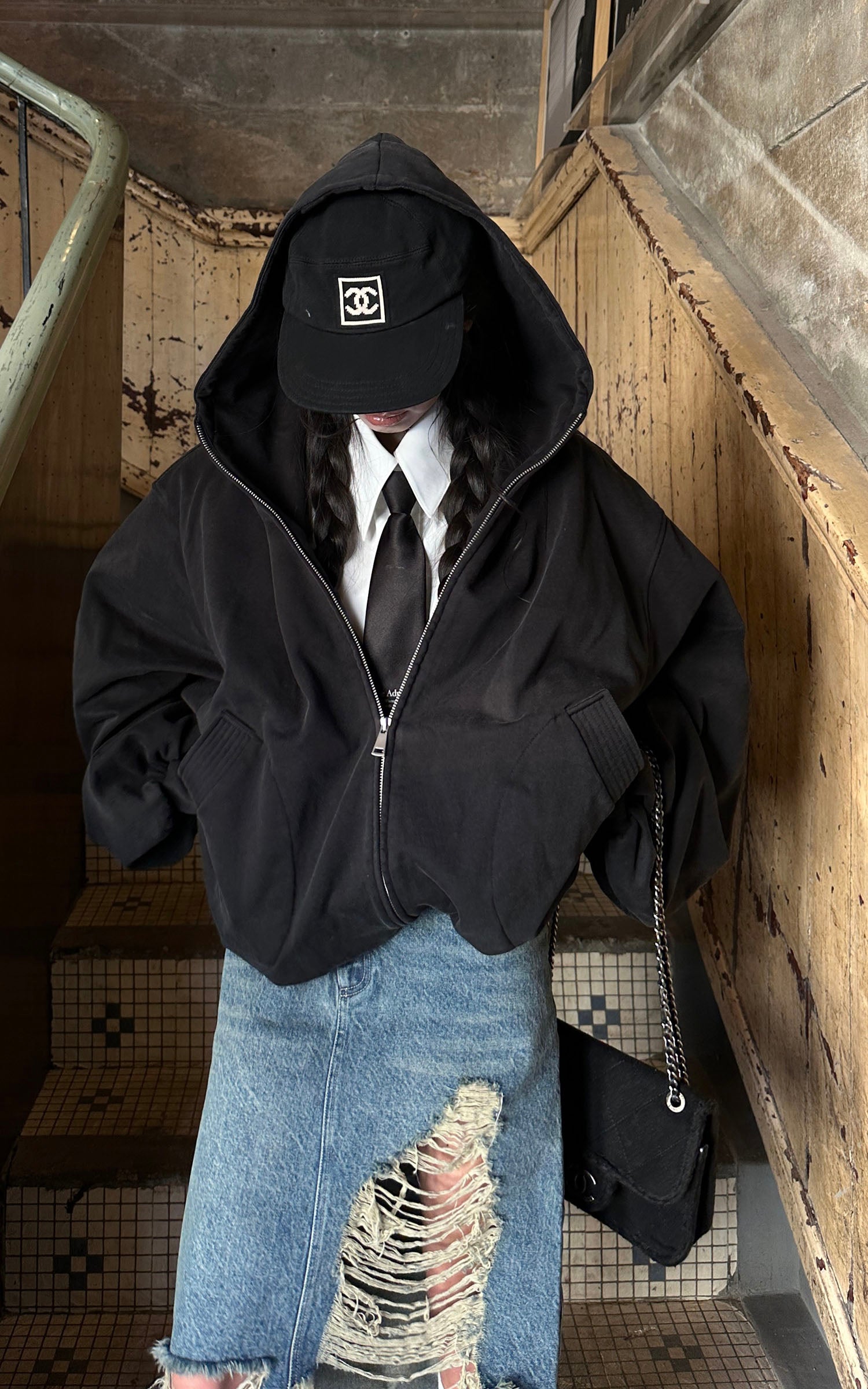 WARDEN EDGE Distressed Denim Midi Skirt with Asymmetrical Hem - PINKPARKS