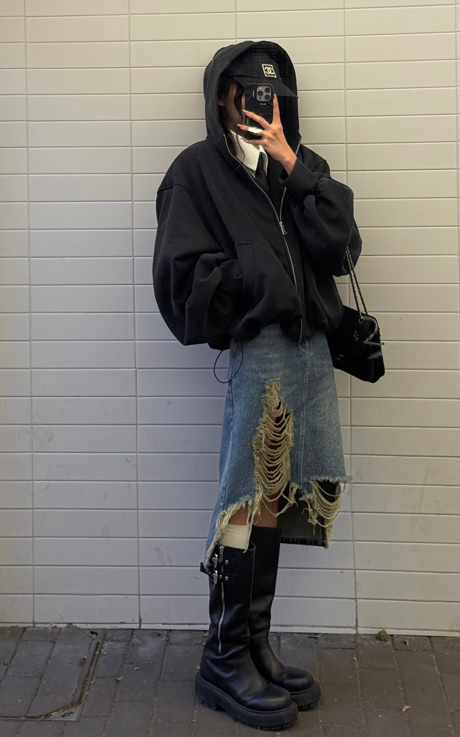 WARDEN EDGE Distressed Denim Midi Skirt with Asymmetrical Hem - PINKPARKS