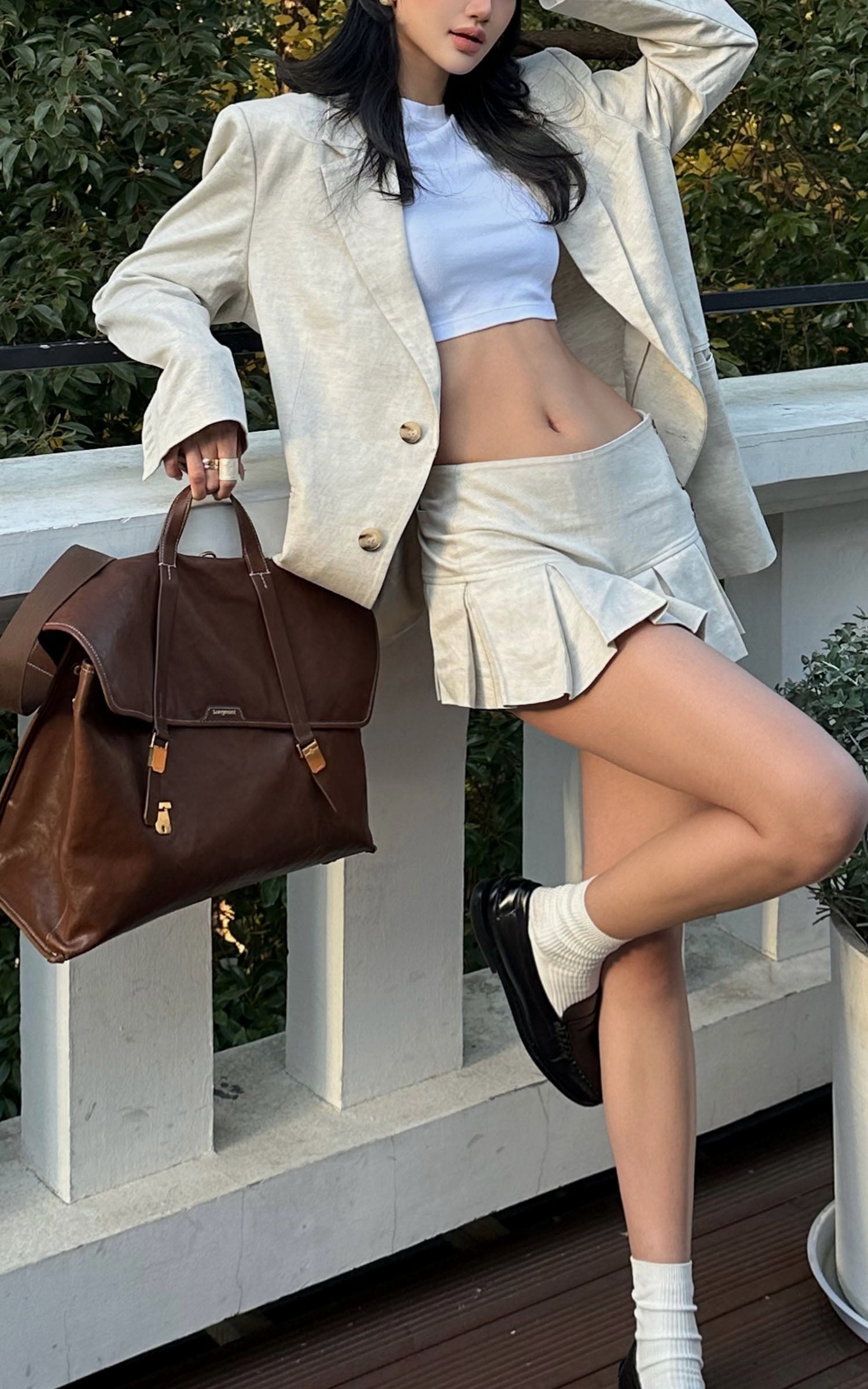 ROVENTE Linen-Blend Blazer & Pleated Mini Skirt Set - PINKPARKS