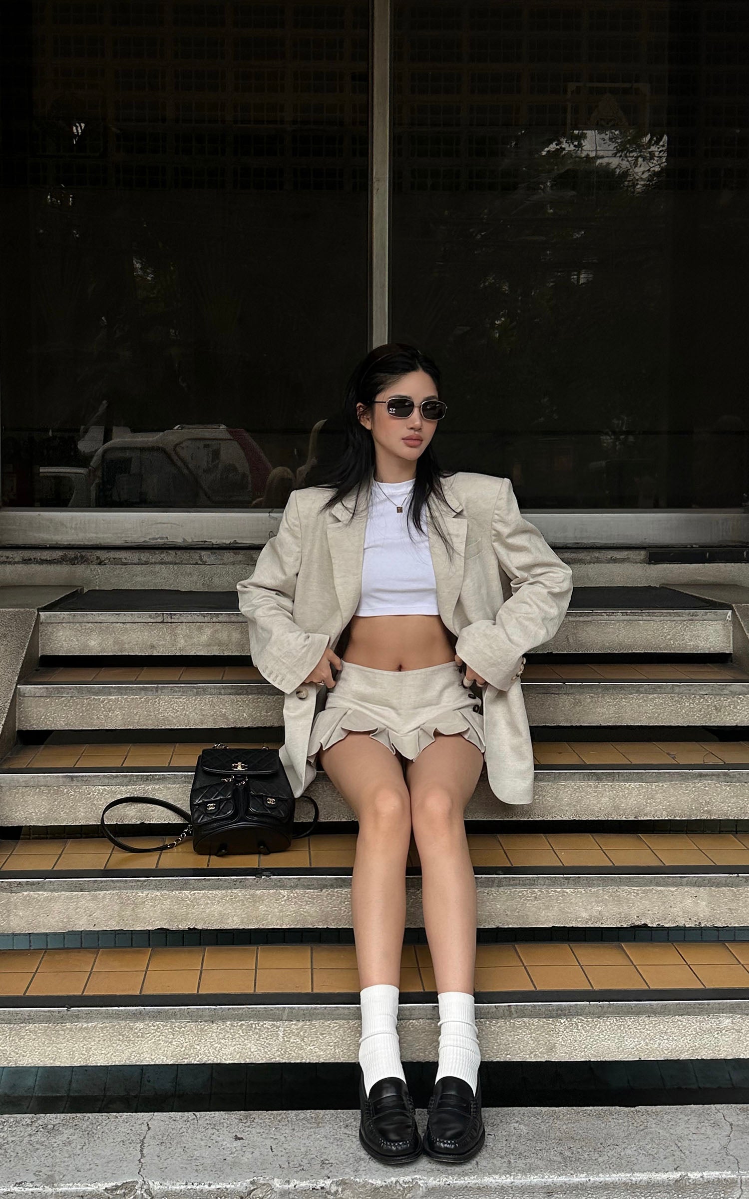 ROVENTE Linen-Blend Blazer & Pleated Mini Skirt Set - PINKPARKS