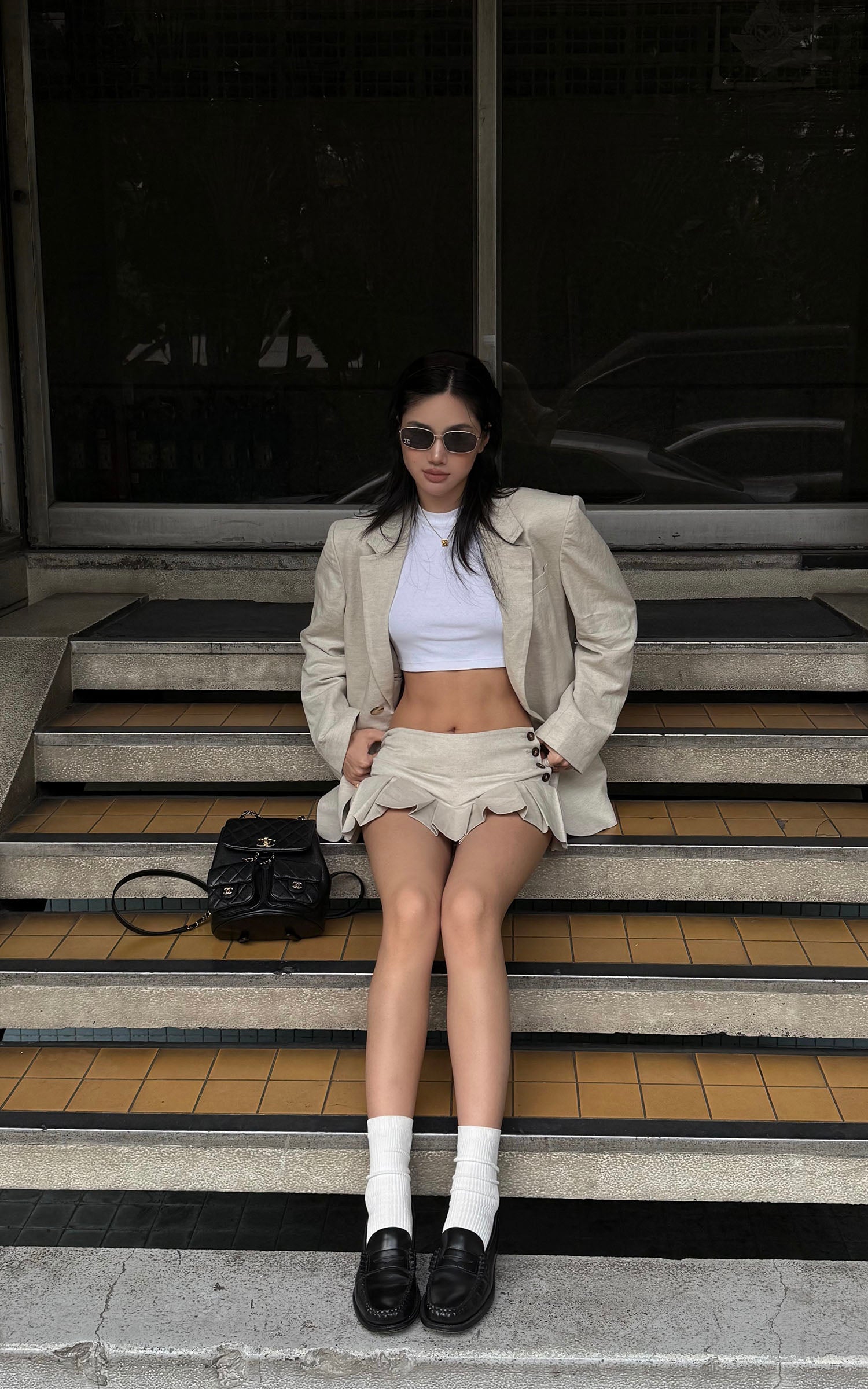 ROVENTE Linen-Blend Blazer & Pleated Mini Skirt Set - PINKPARKS