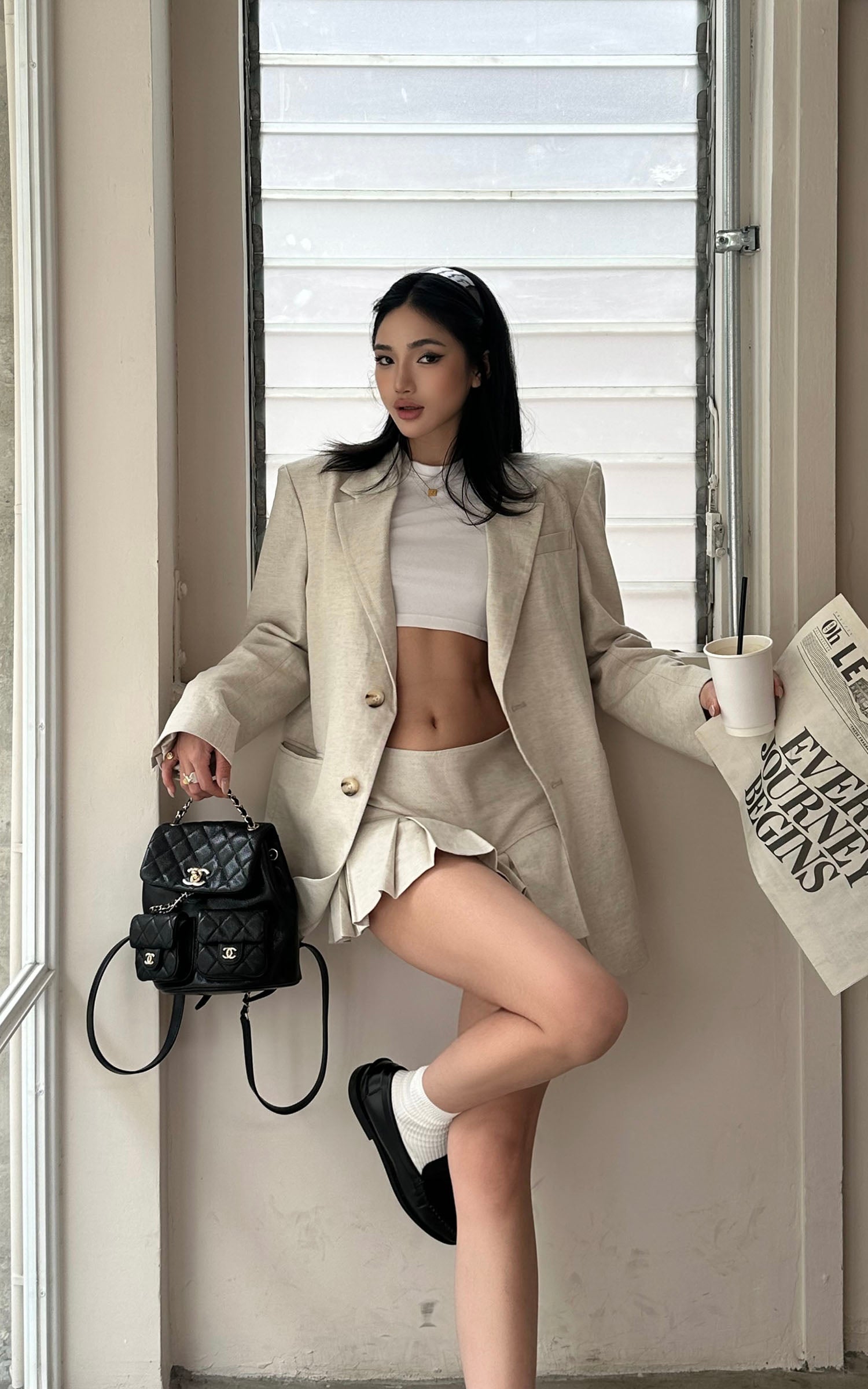 ROVENTE Linen-Blend Blazer &amp; Pleated Mini Skirt Set - PINKPARKS