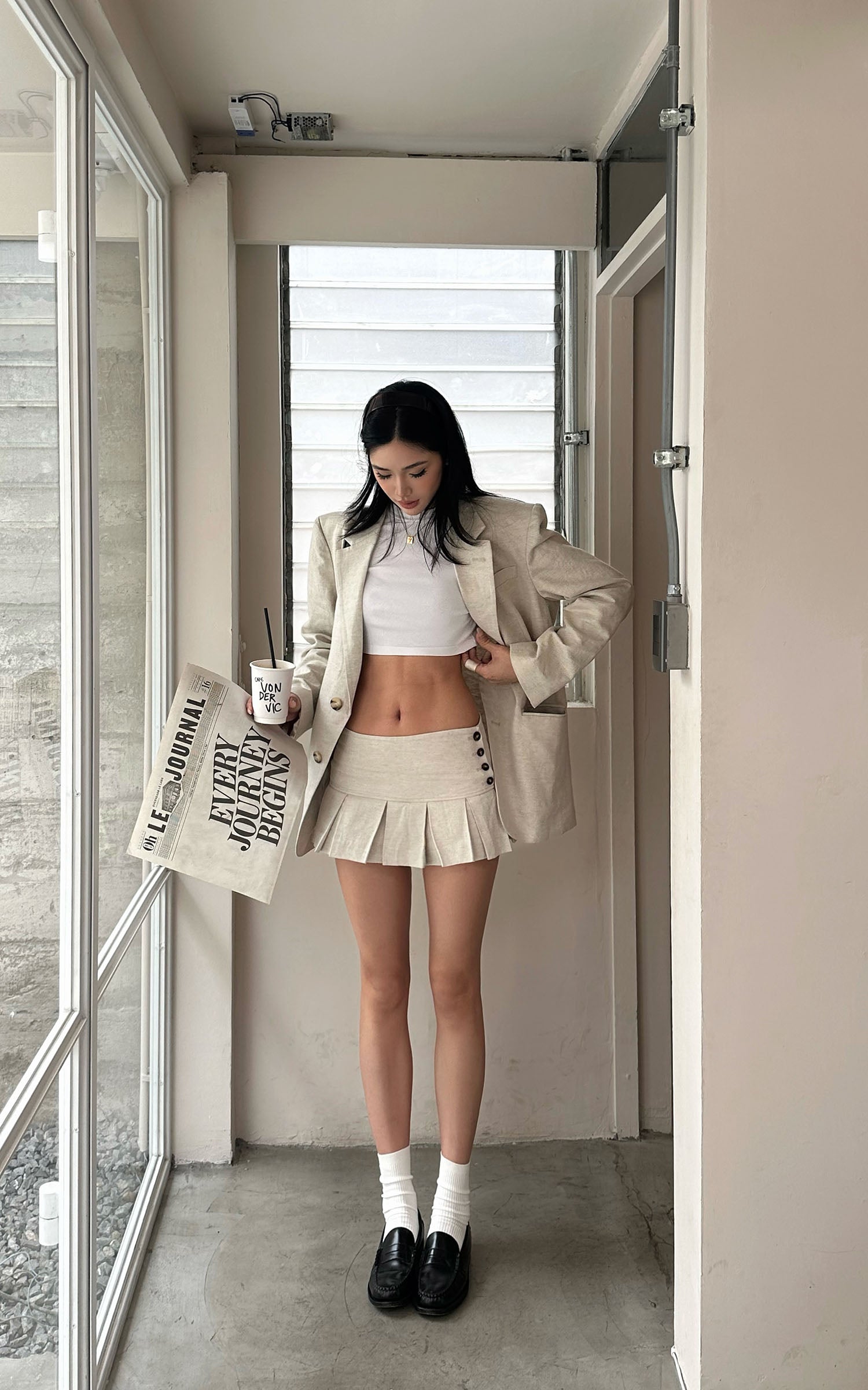 ROVENTE Linen-Blend Blazer &amp; Pleated Mini Skirt Set - PINKPARKS