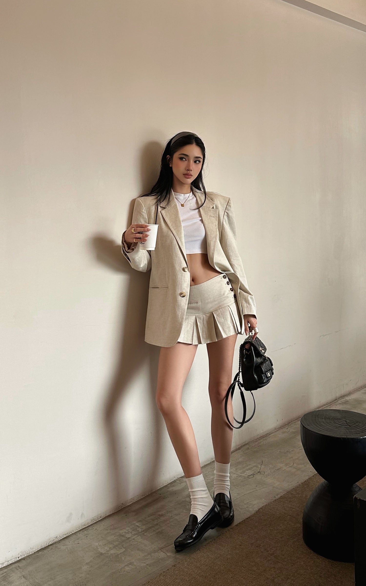 ROVENTE Linen-Blend Blazer &amp; Pleated Mini Skirt Set - PINKPARKS