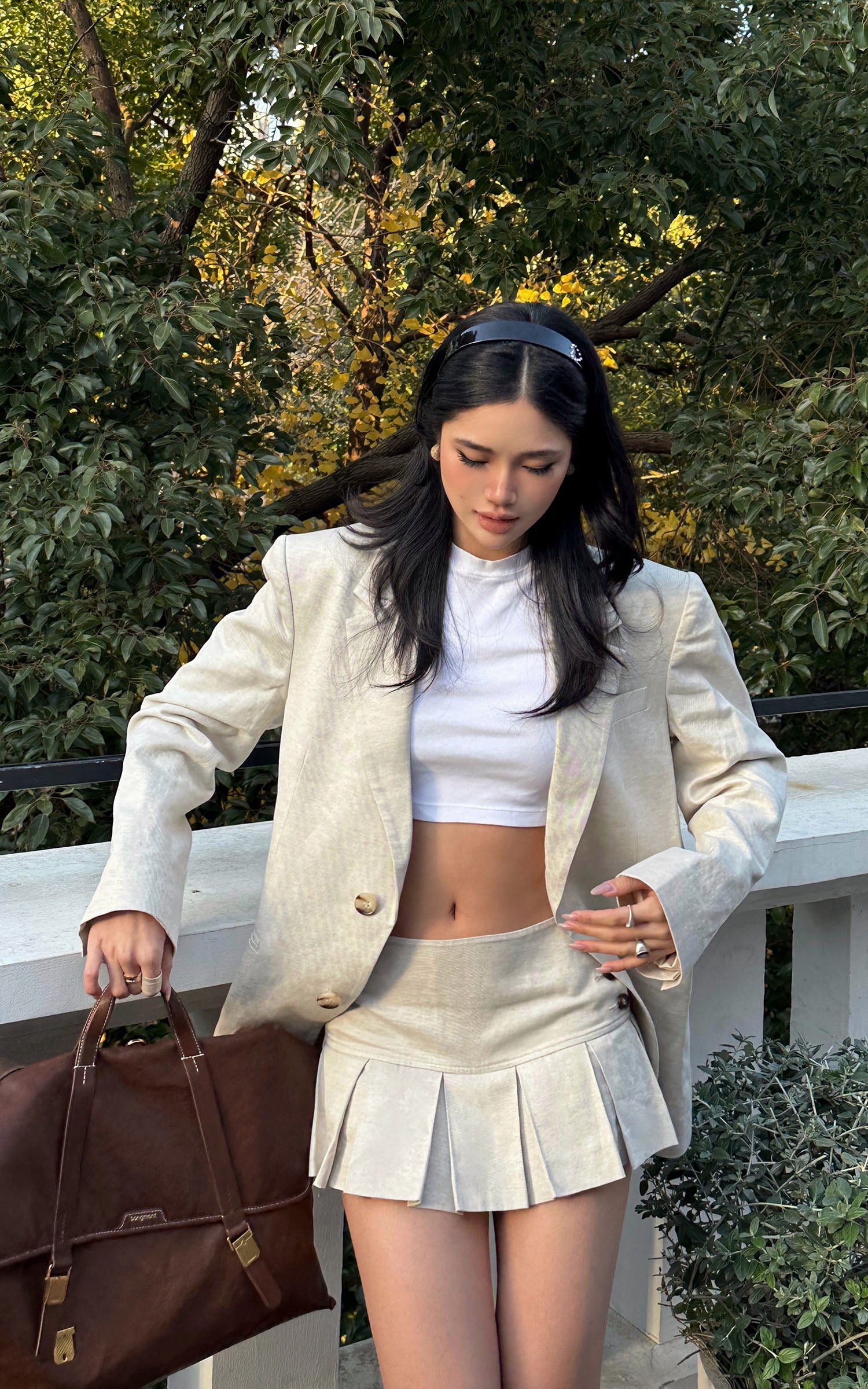 ROVENTE Linen-Blend Blazer &amp; Pleated Mini Skirt Set - PINKPARKS