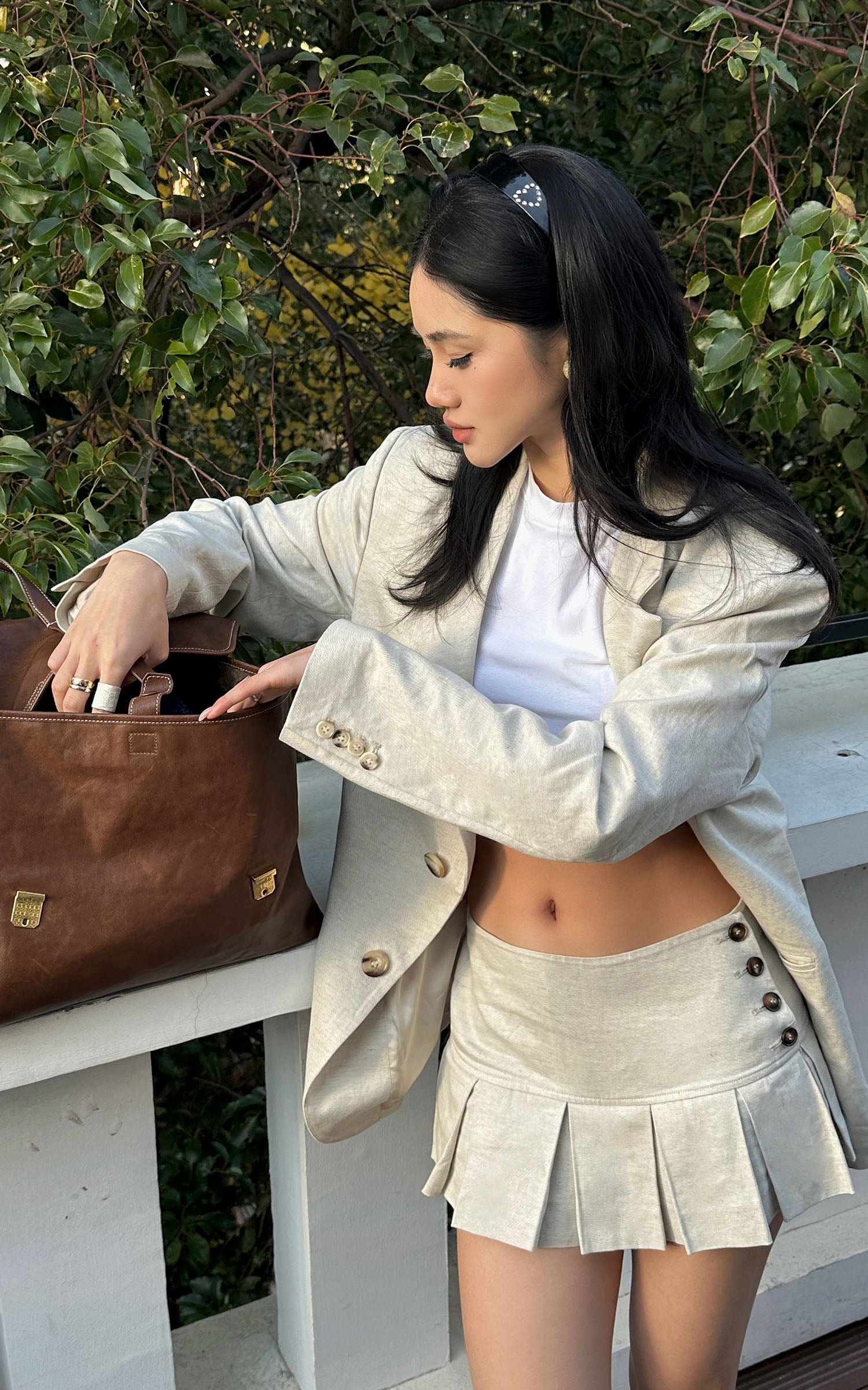 ROVENTE Linen-Blend Blazer &amp; Pleated Mini Skirt Set - PINKPARKS