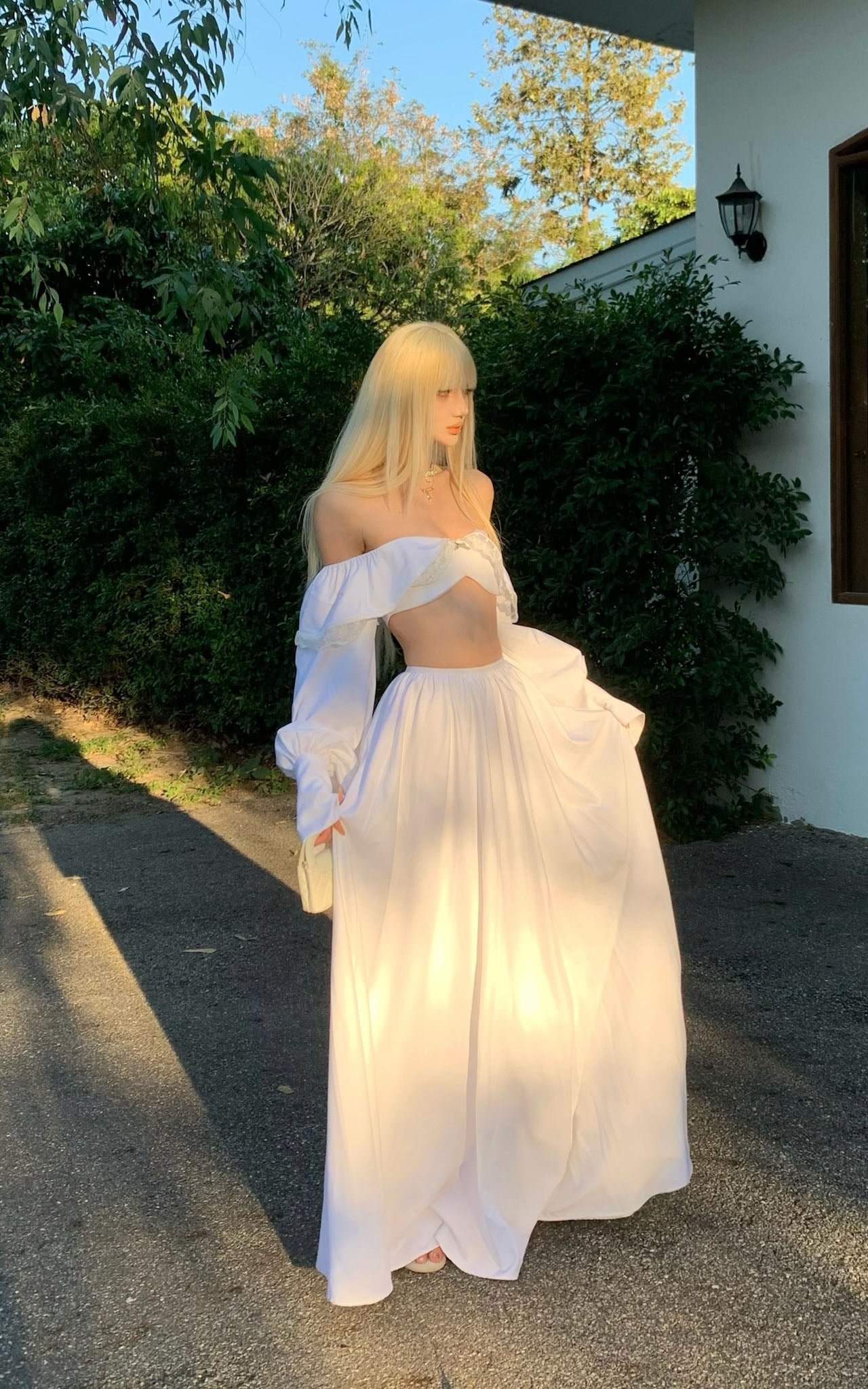 Rase le sol Bow-detail Strapless Long Sleeve Skirt Set - PINKPARKS