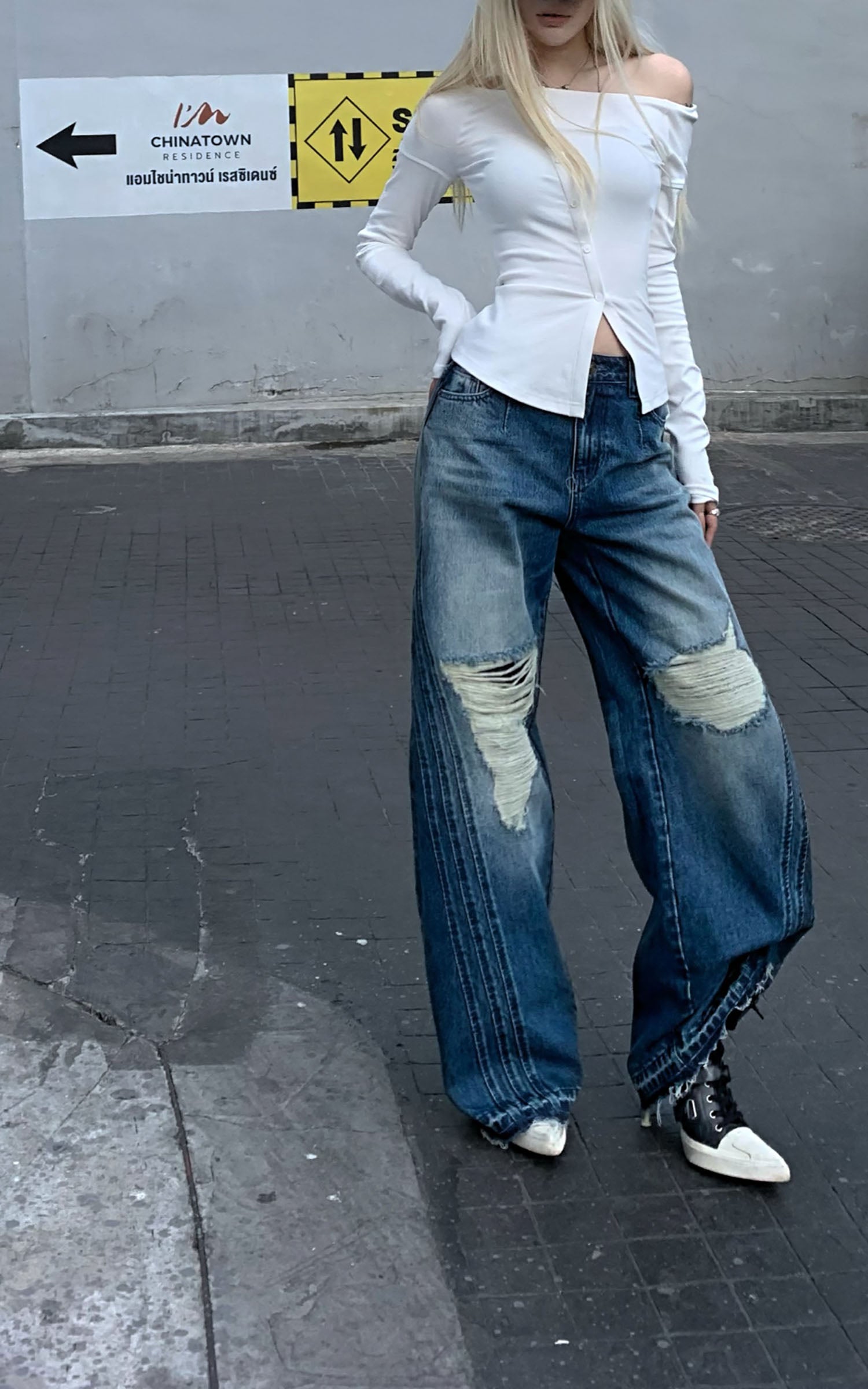 Rase Le Sol Vintage Washed Ripped Jeans - PINKPARKS